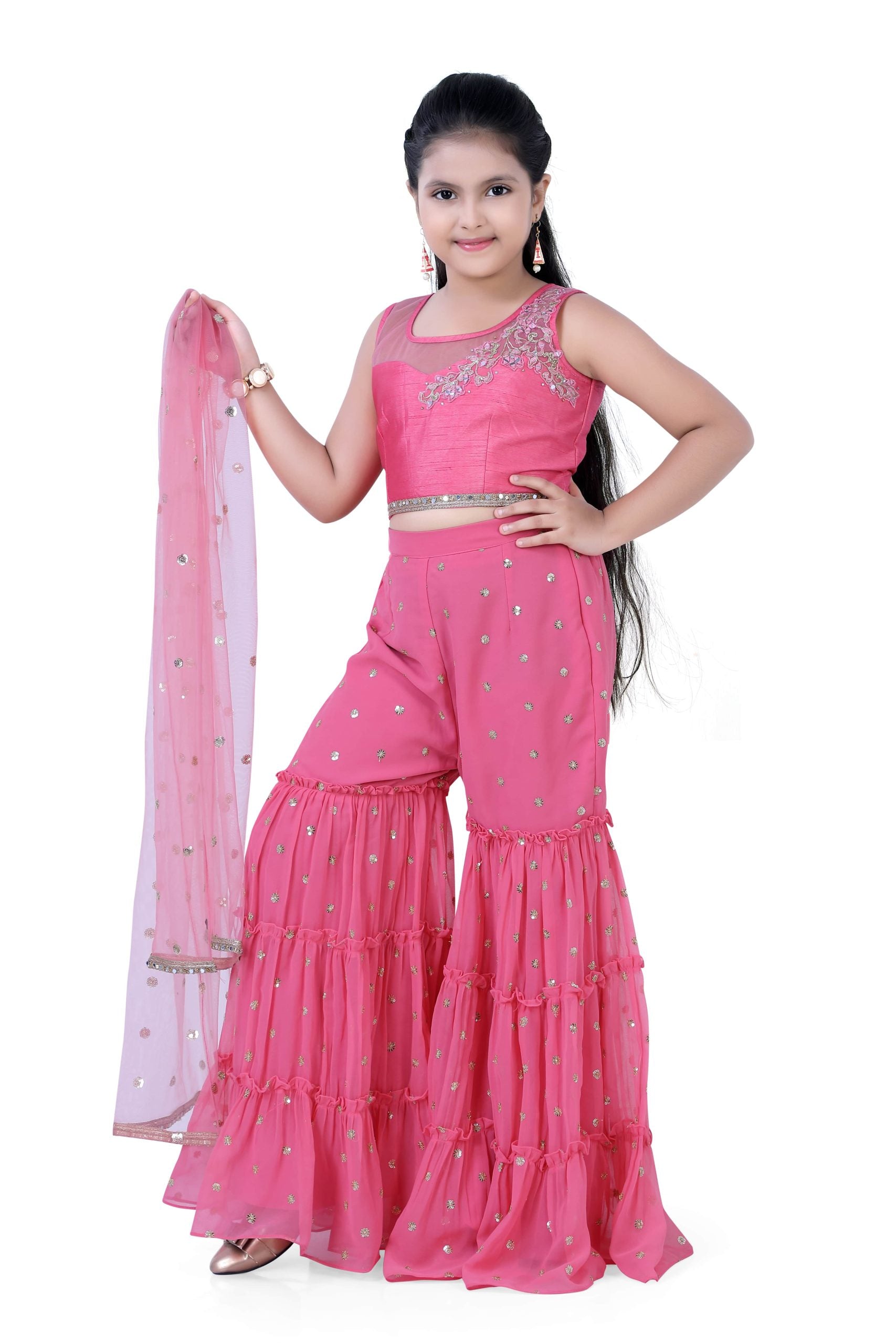 Girls Top & Gazing Palazzo With Dupatta in Rose Pink Color