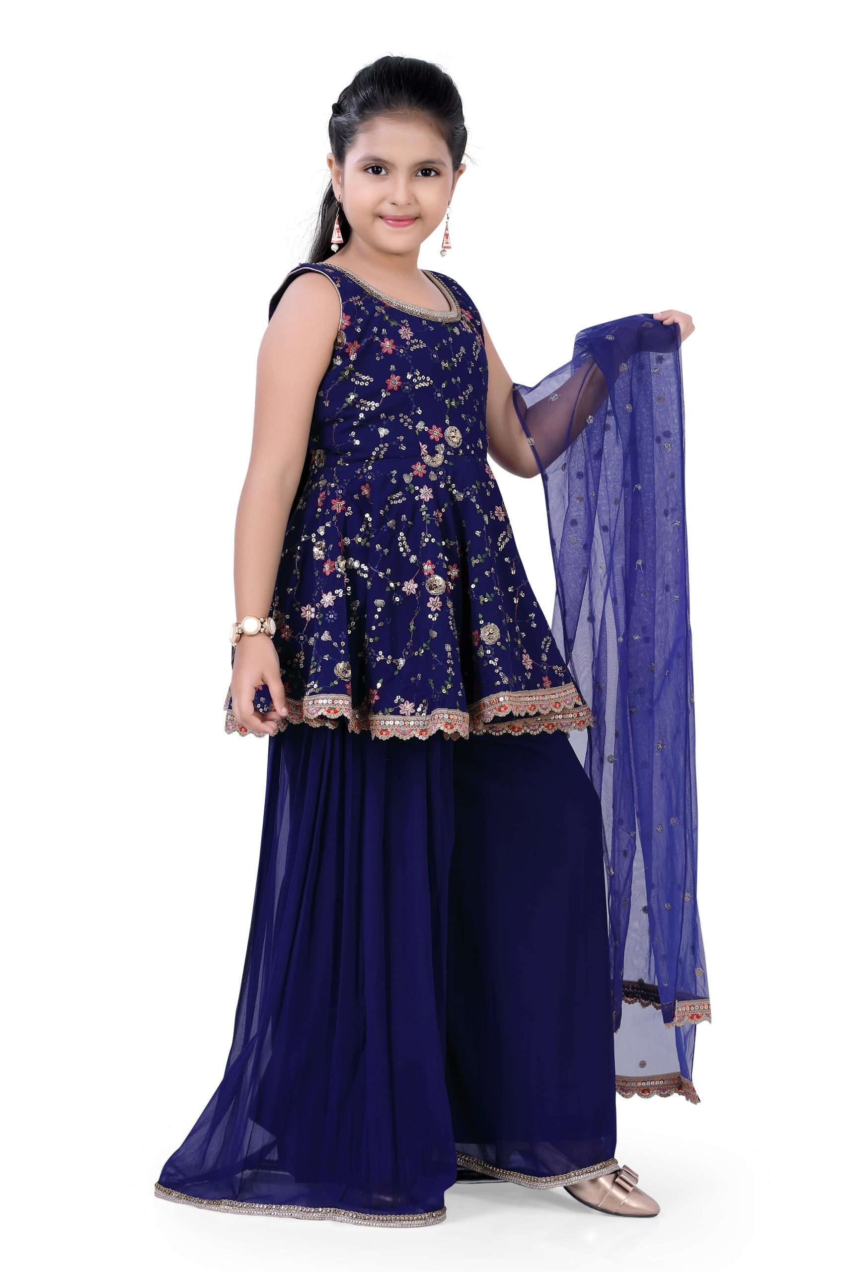 Girls Short Top & Palazzo With Dupatta in Navy Blue Color
