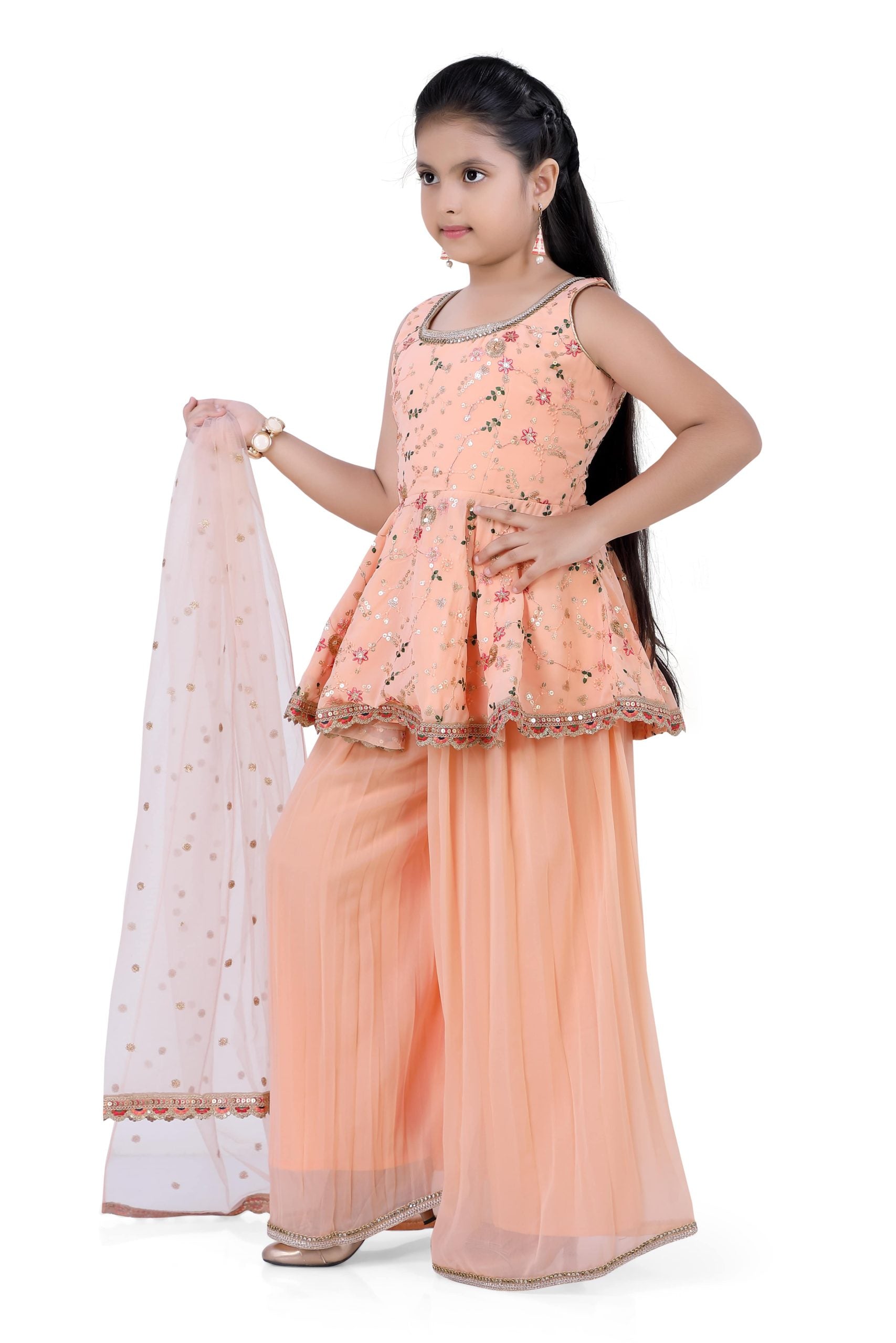 Girls Short Top & Palazzo With Dupatta in Apricot Color