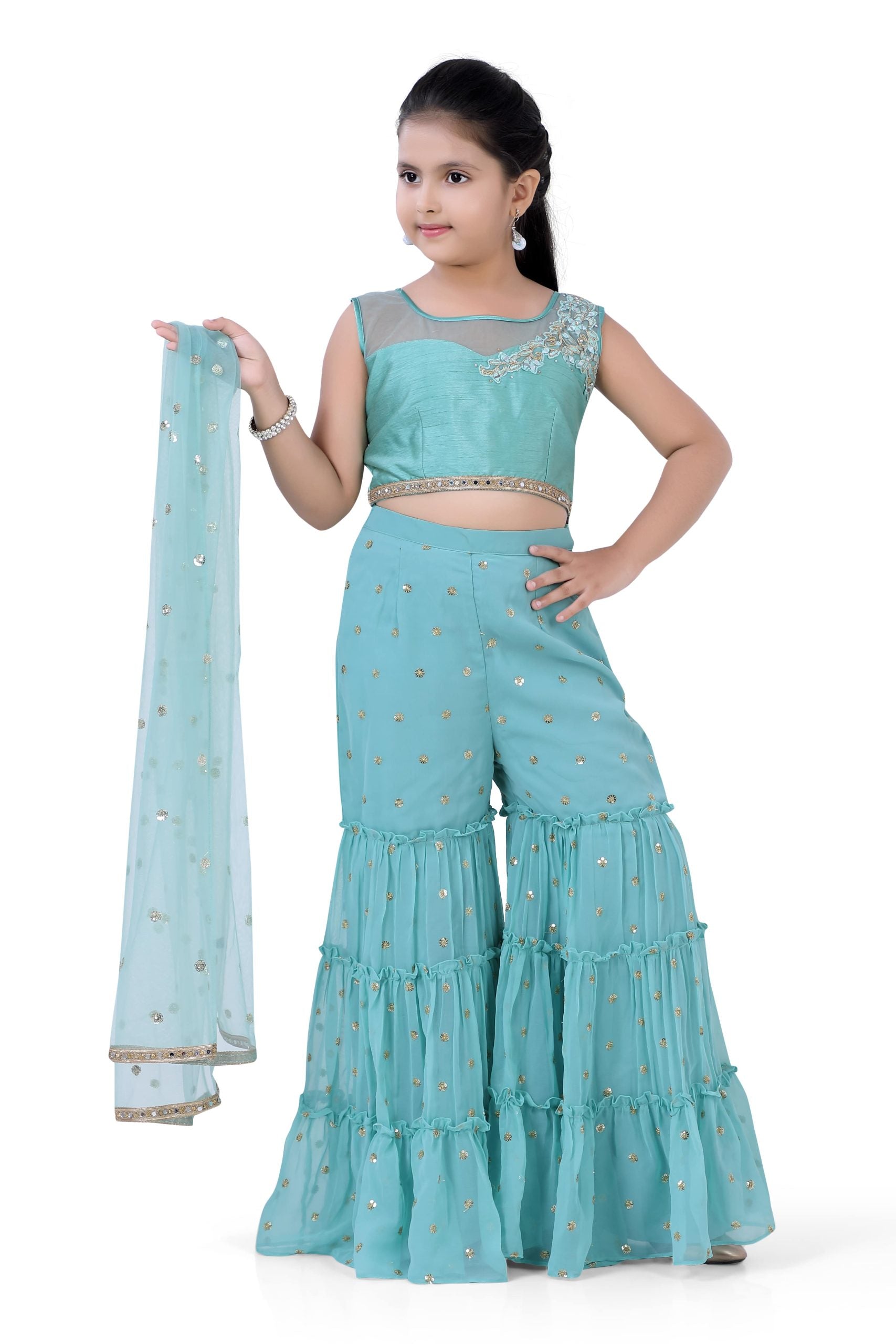 Girls Top & Gazing Palazzo With Dupatta in Sea Green Color