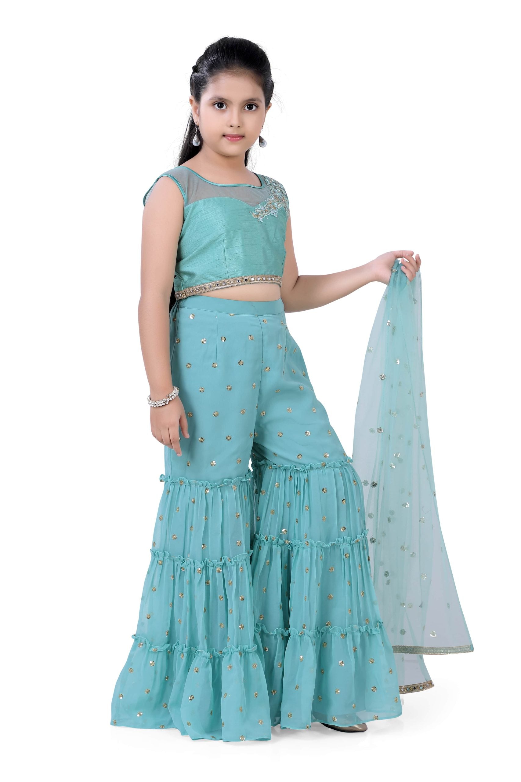 Girls Top & Gazing Palazzo With Dupatta in Sea Green Color