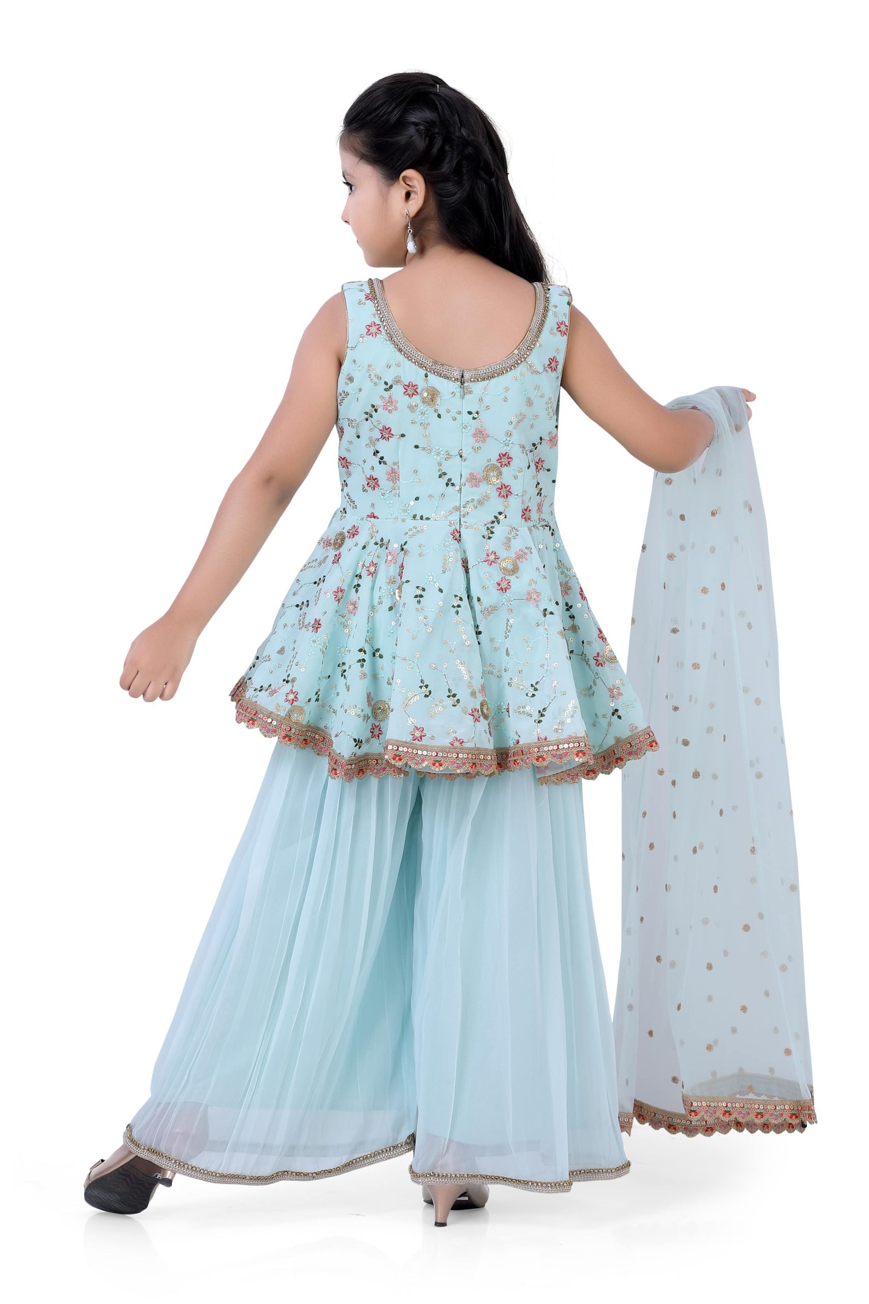 Girls Short Top & Palazzo With Dupatta in Aqua Blue Color