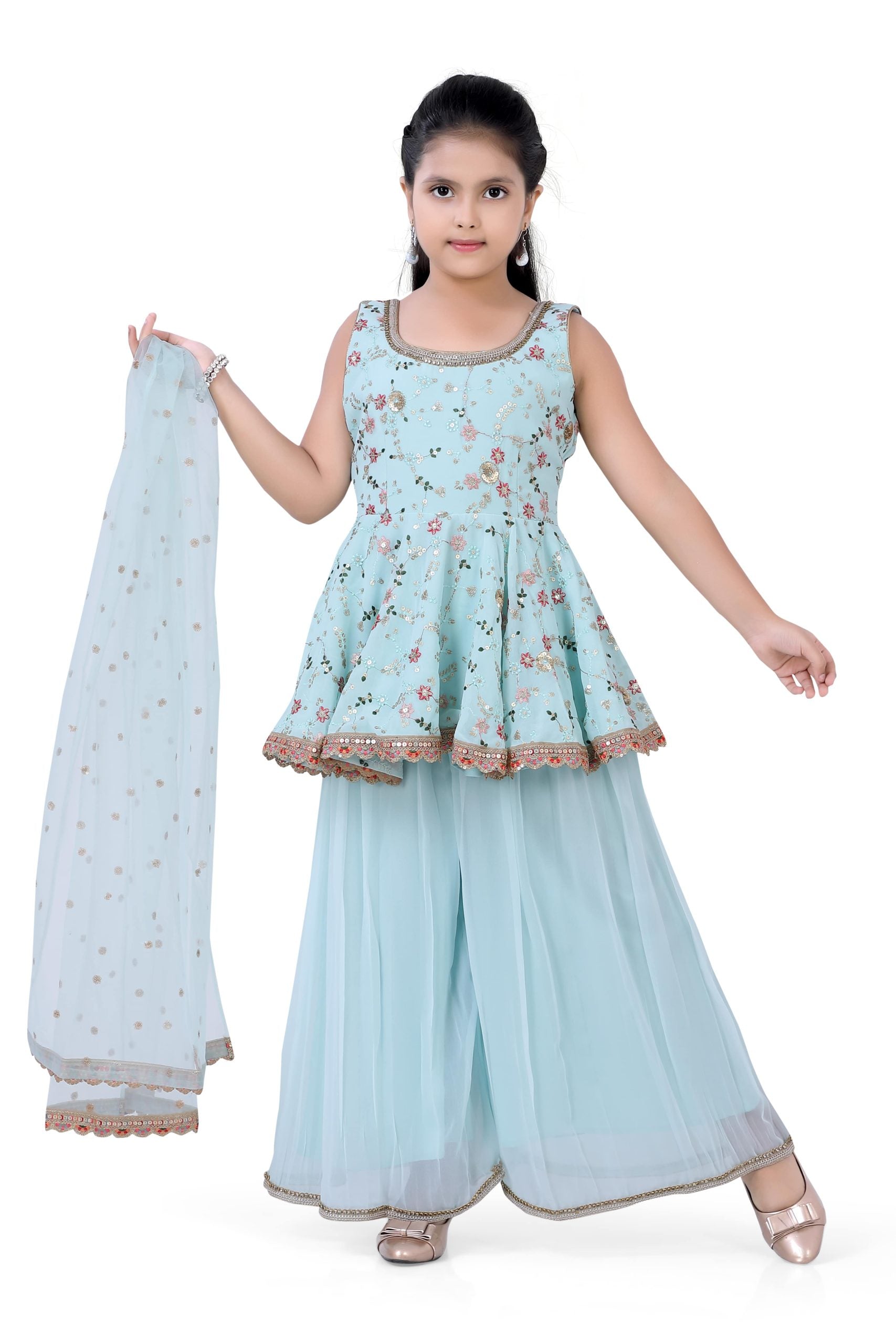 Girls Short Top & Palazzo With Dupatta in Aqua Blue Color