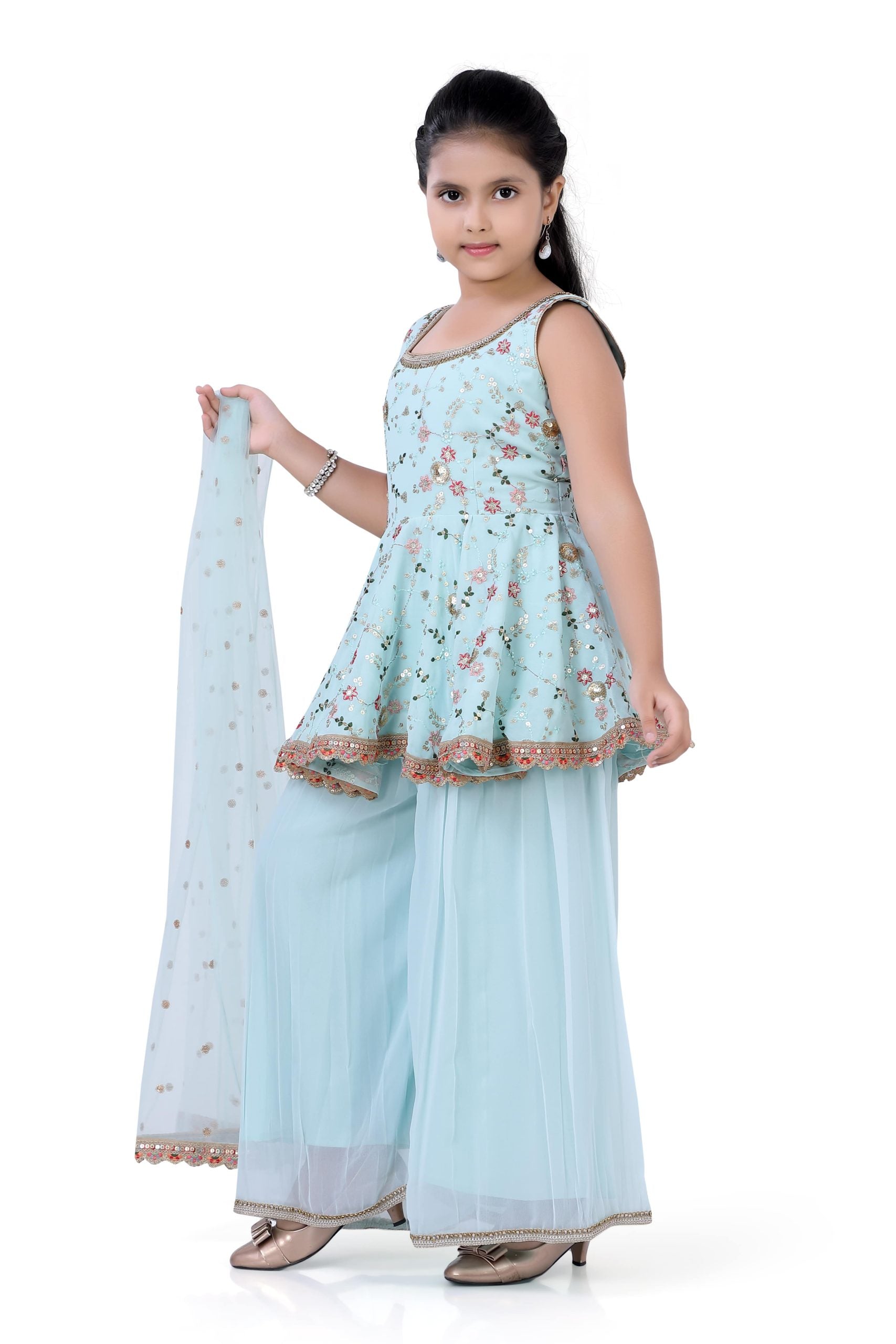 Girls Short Top & Palazzo With Dupatta in Aqua Blue Color