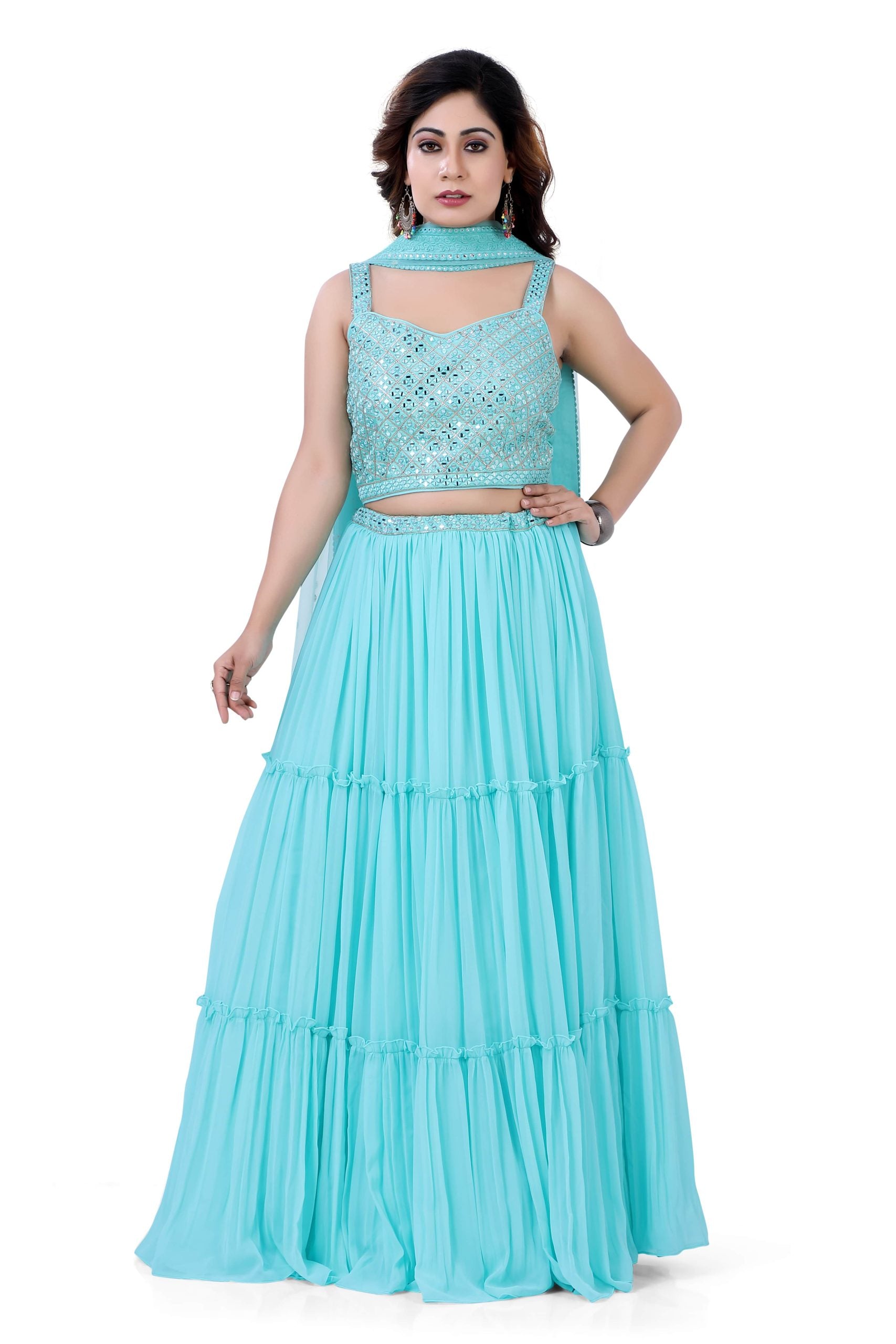 Gazing Party wear Lehenga Choli in Aqua Blue - Premium Partywear Lehenga from Dulhan Exclusives - Just $275! Shop now at Dulhan Exclusives