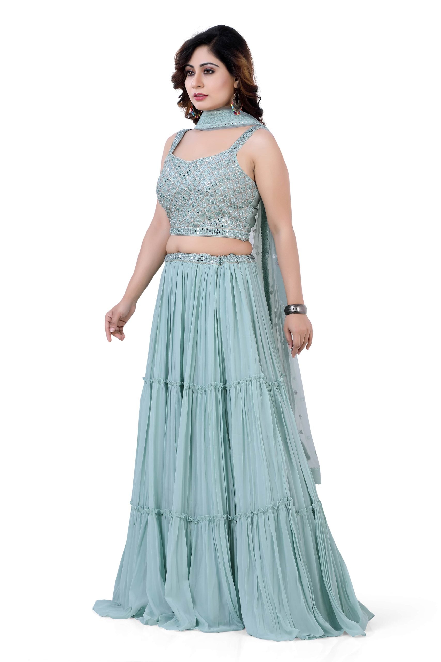 Gazing Lehenga Choli in Sage Green - Premium Partywear Lehenga from Dulhan Exclusives - Just $249! Shop now at Dulhan Exclusives
