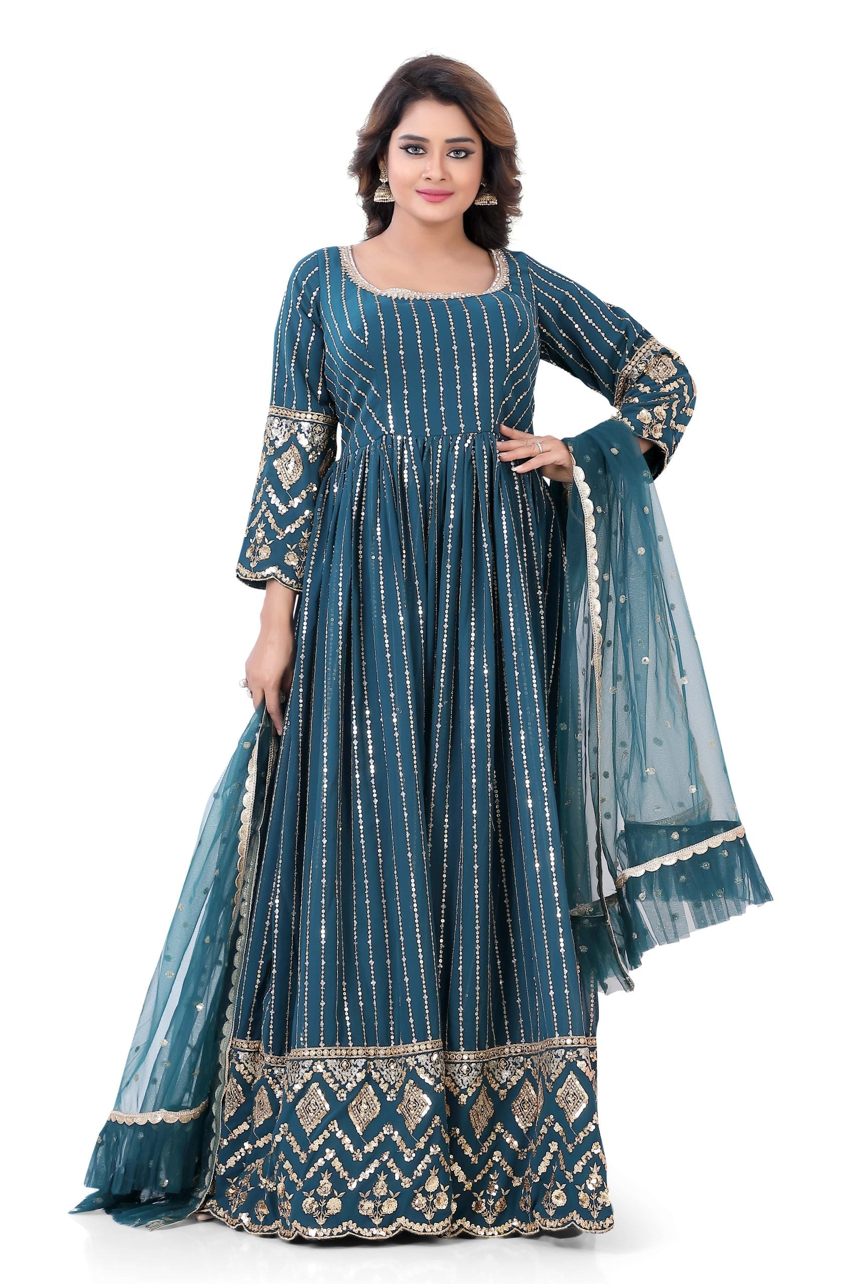Featuring a Teal Blue gown in Georgette base with sequins Work - Premium Partywear Gown from Dulhan Exclusives - Just $149! Shop now at Dulhan Exclusives