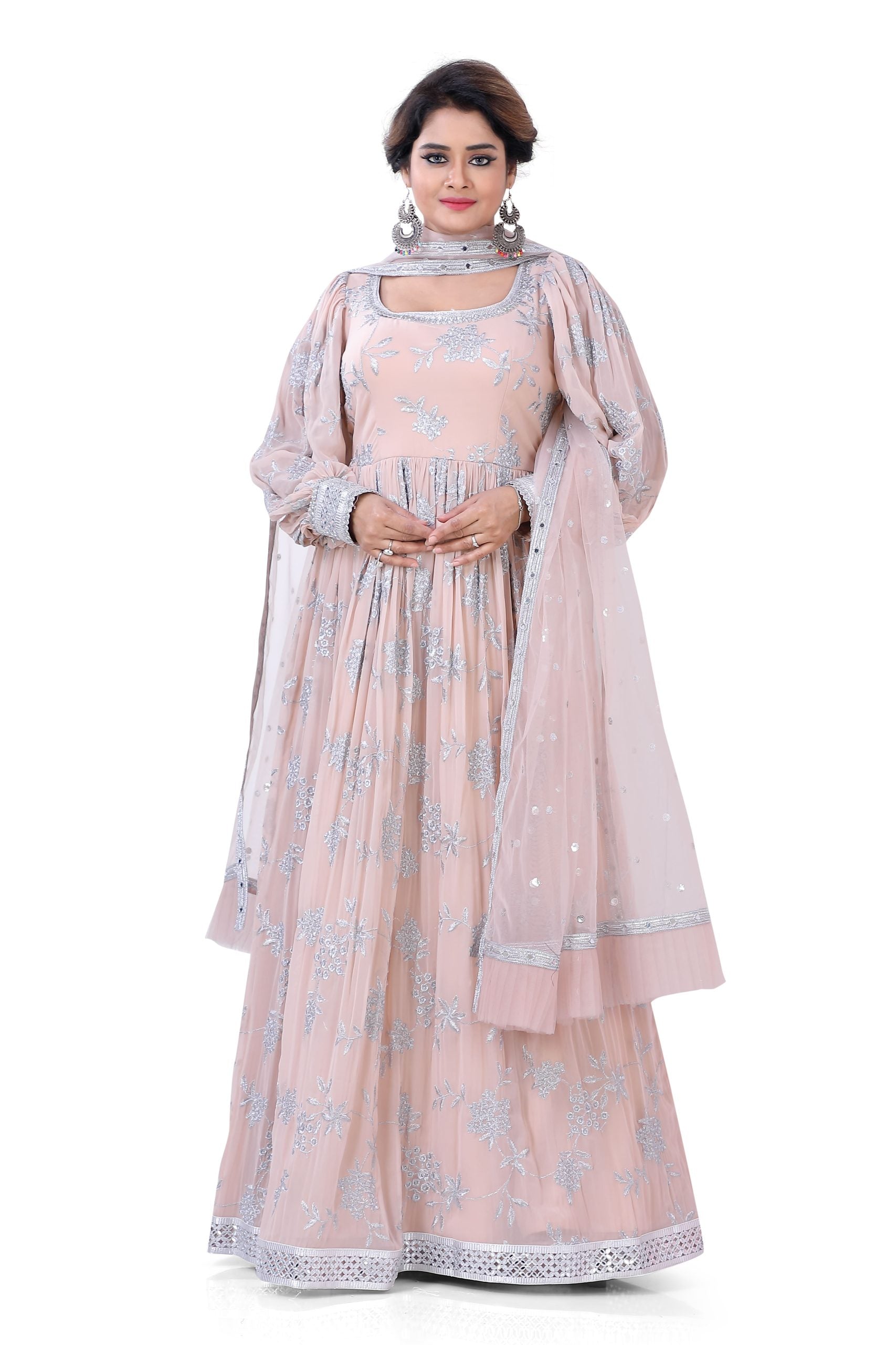 Dusty Pink Georgette Gown with Fancy Balloon Sleeve with Silver zari work - Premium Partywear Dress from Dulhan Exclusives - Just $179! Shop now at Dulhan Exclusives