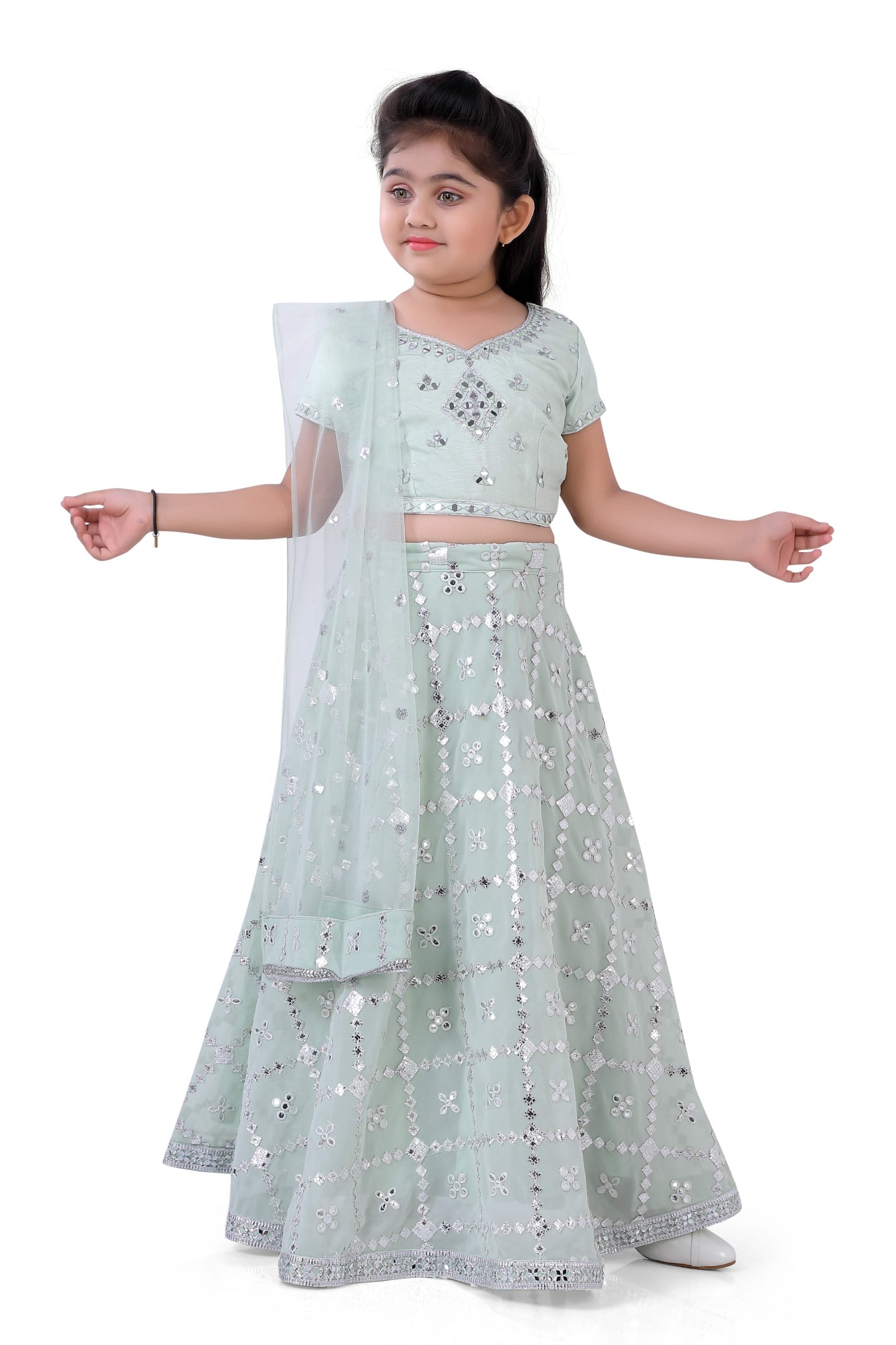 Faux Abhla Mirror Work Top And Ghaghra Set For Girls