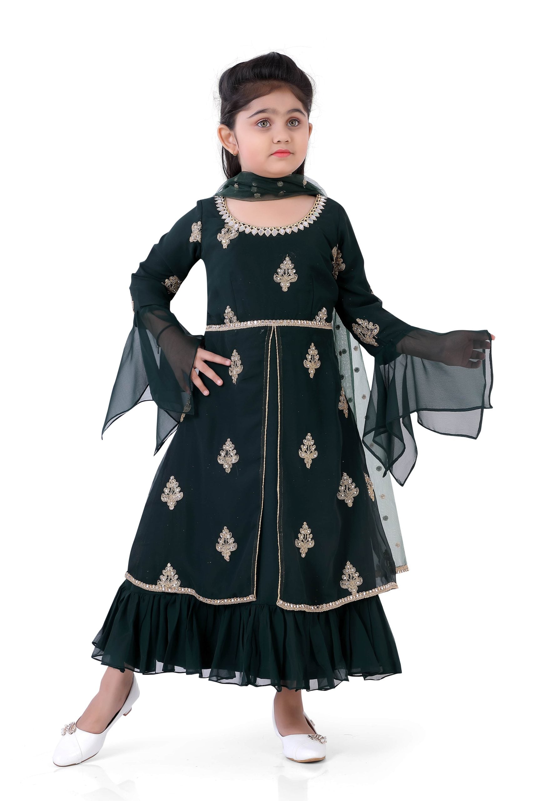 Kids Bottle Green Gown For Girls - Premium  from vendor-unknown - Just $99! Shop now at Dulhan Exclusives