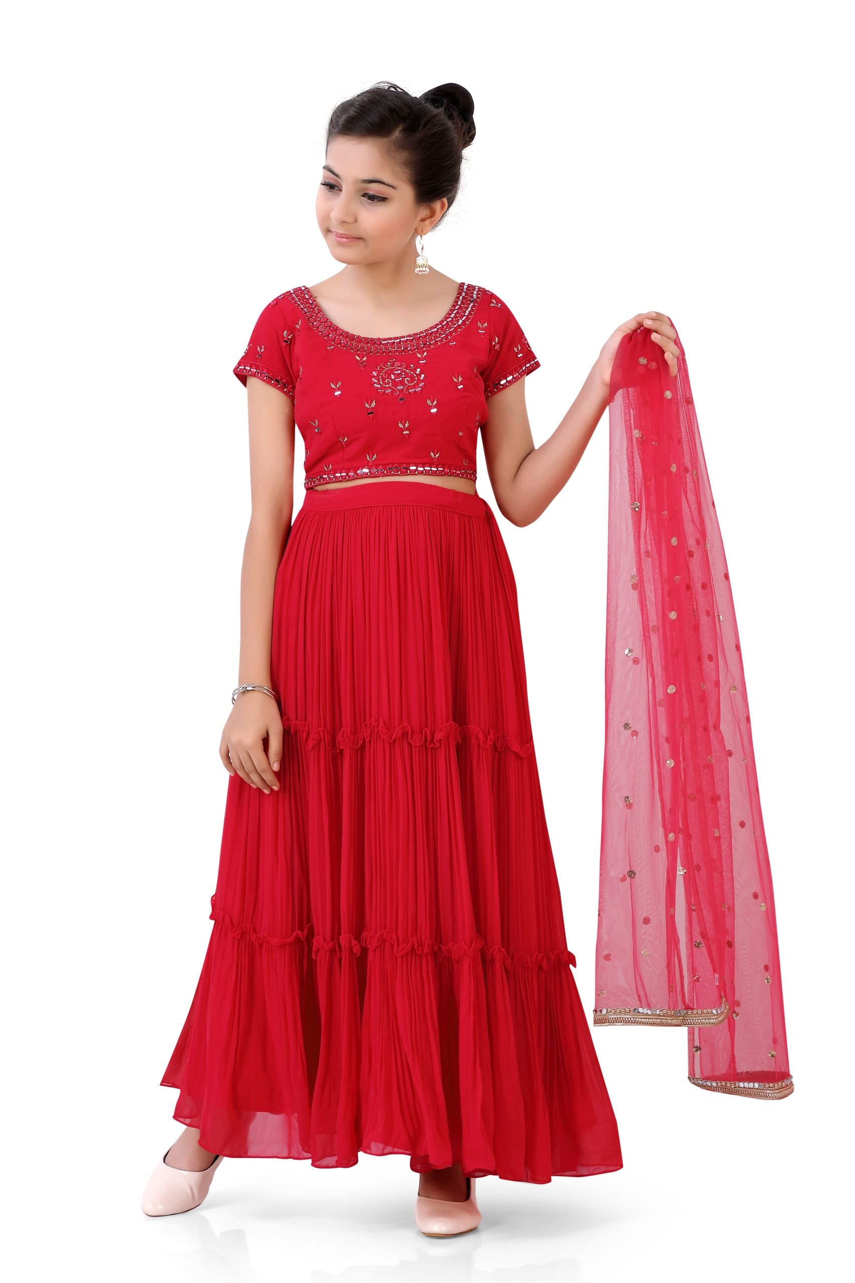 Girls Gazing Ghaghra Choli Dupatta in Red