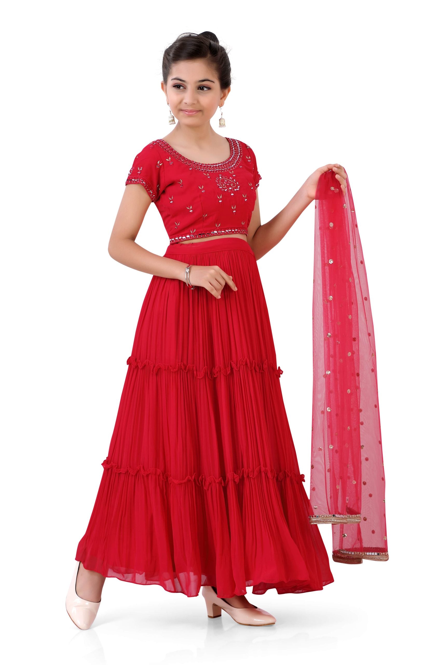 Girls Gazing Ghaghra Choli Dupatta in Red