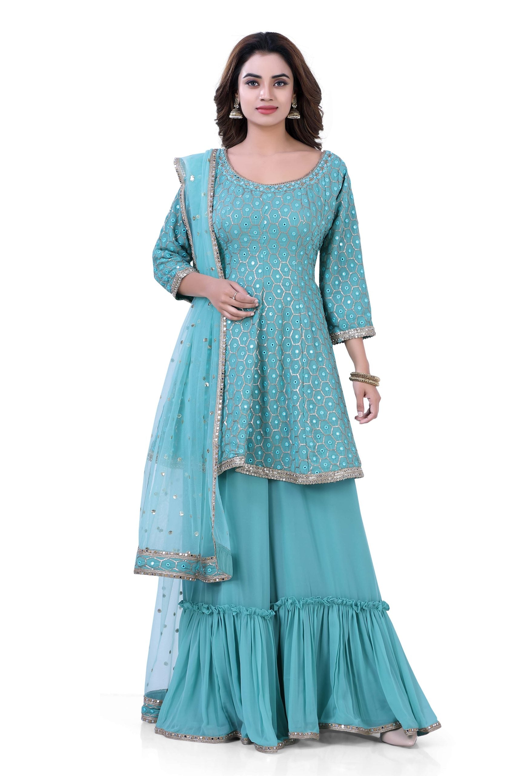 Sea Green Sequins Georgette Short Top with Gazing Plazzo - Premium Sharara from Dulhan - Just $179! Shop now at Dulhan Exclusives