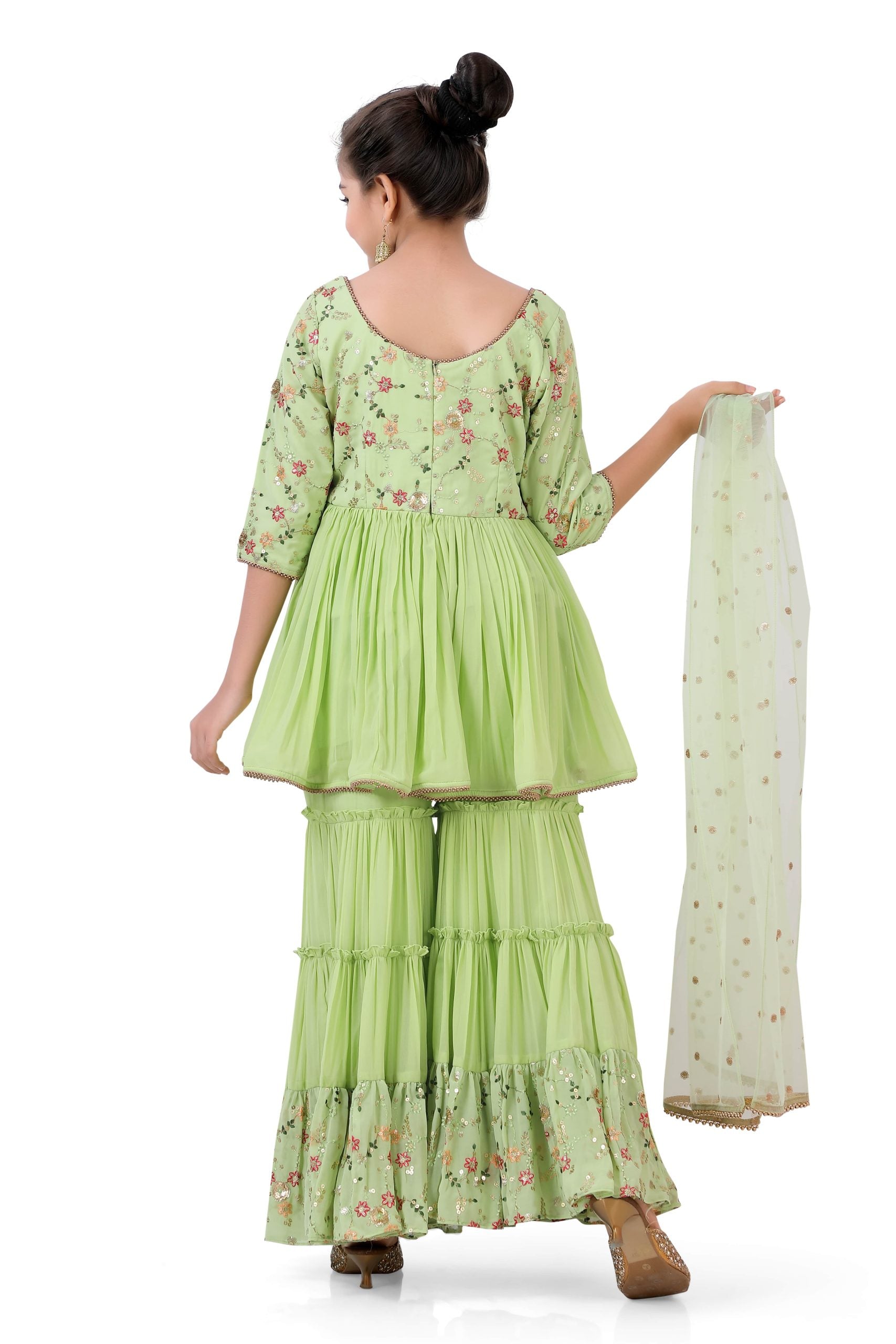 Girl's Sharara Suit in Pista Green with embroidery