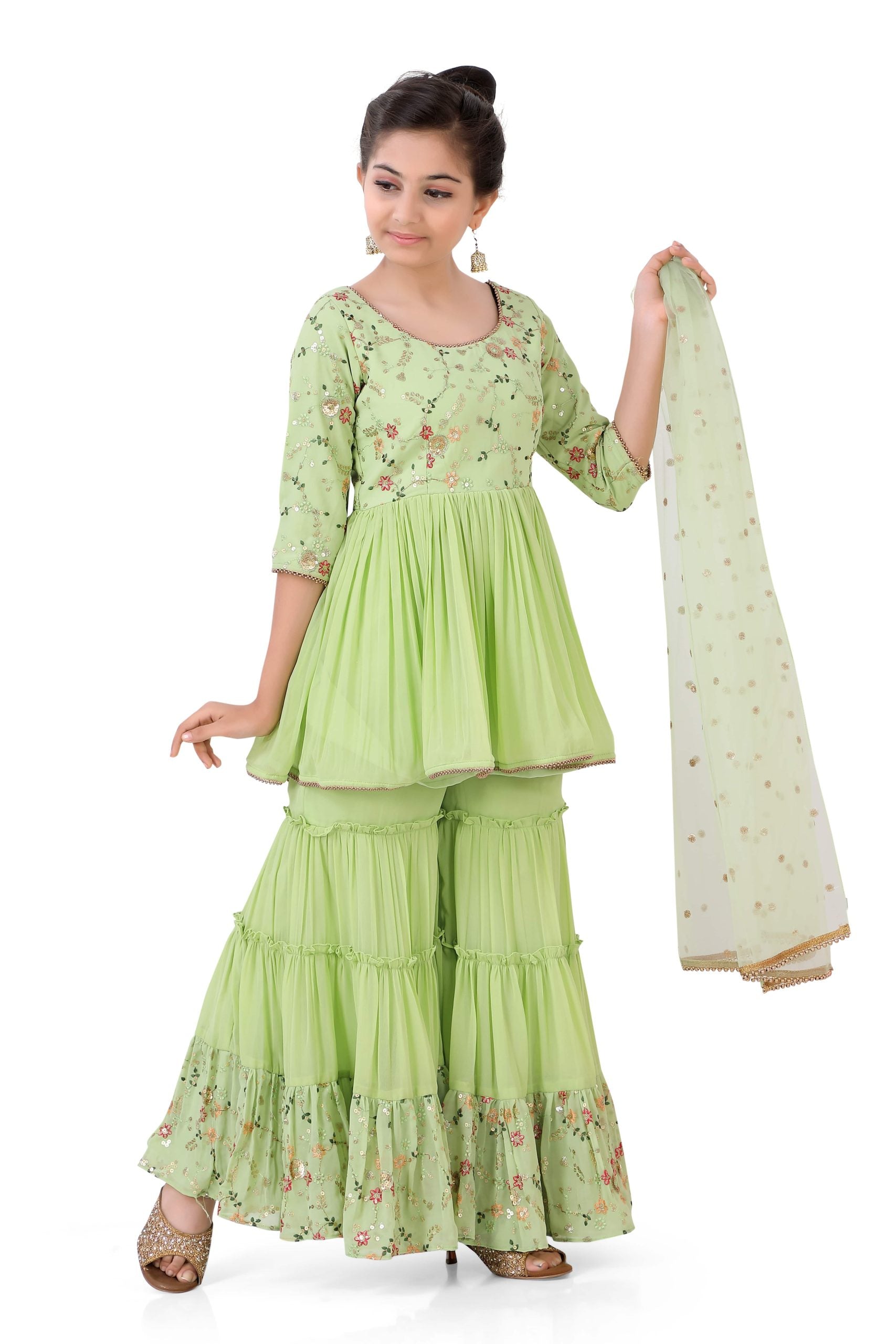 Girl's Sharara Suit in Pista Green with embroidery