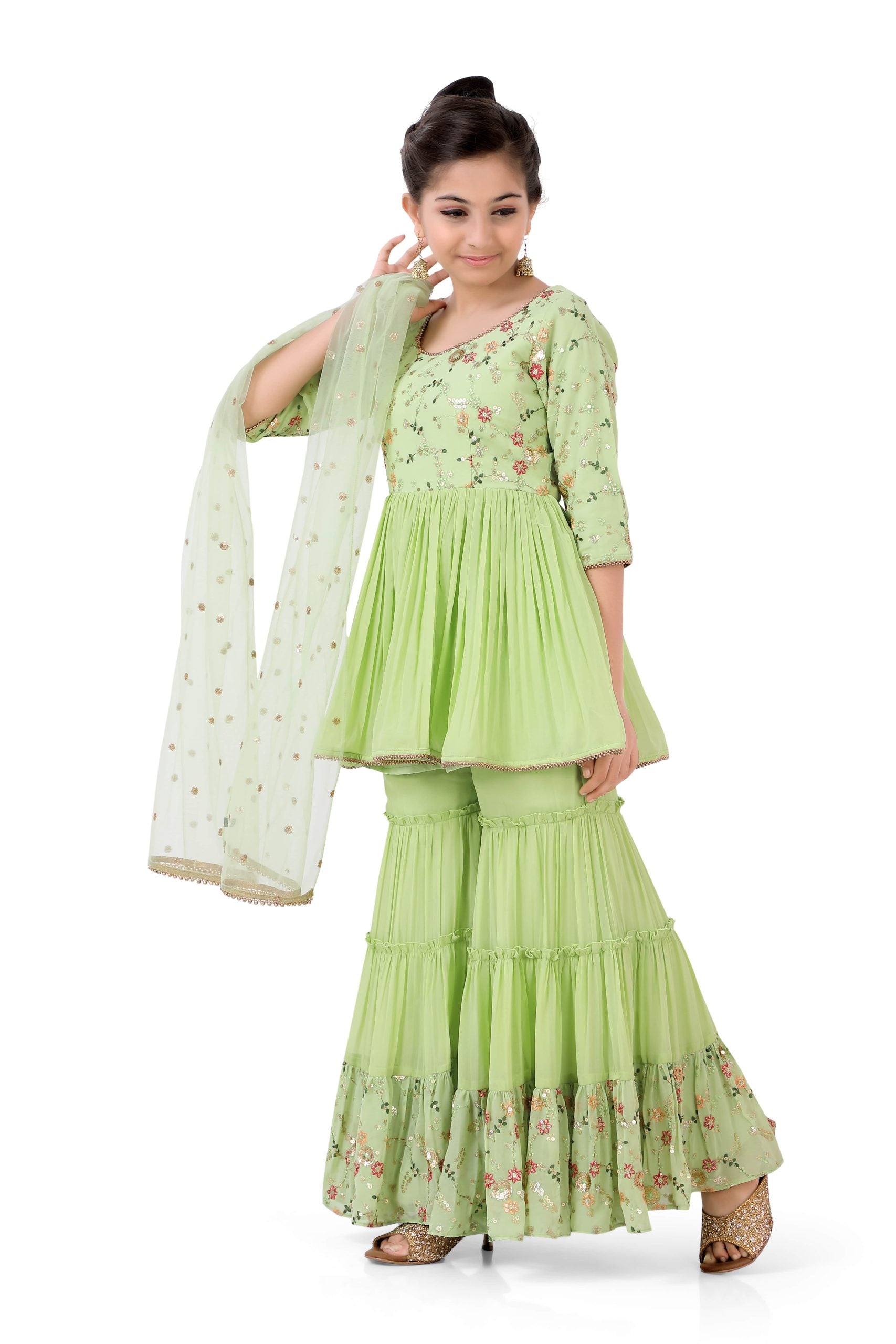 Girl's Sharara Suit in Pista Green with embroidery