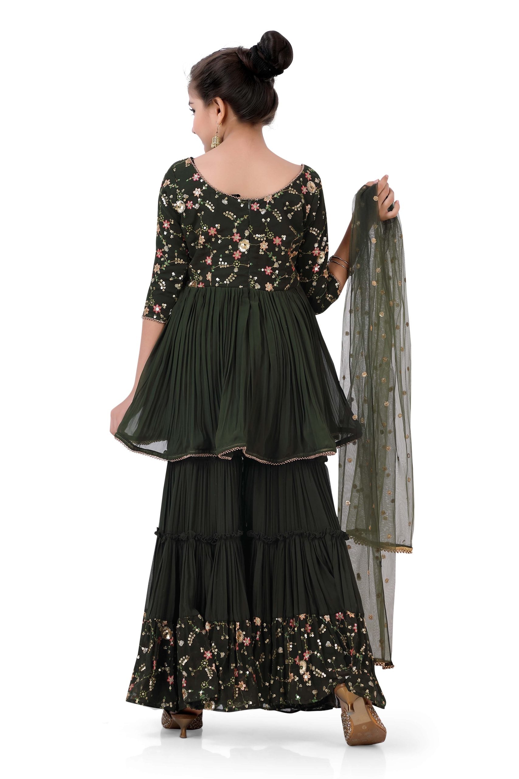 Girl's Sharara Suit in Mehendi Green with embroidery