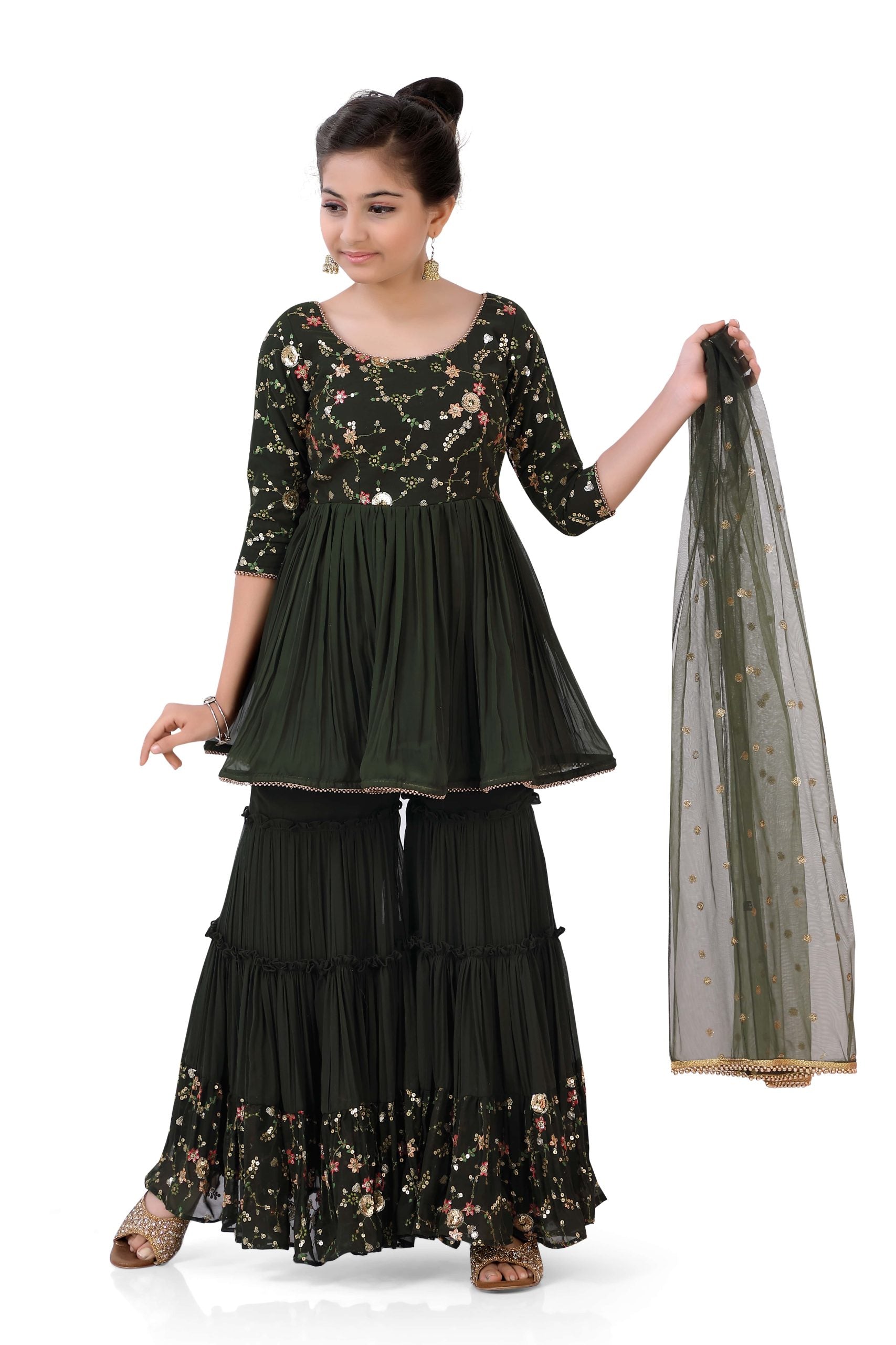 Girl's Sharara Suit in Mehendi Green with embroidery