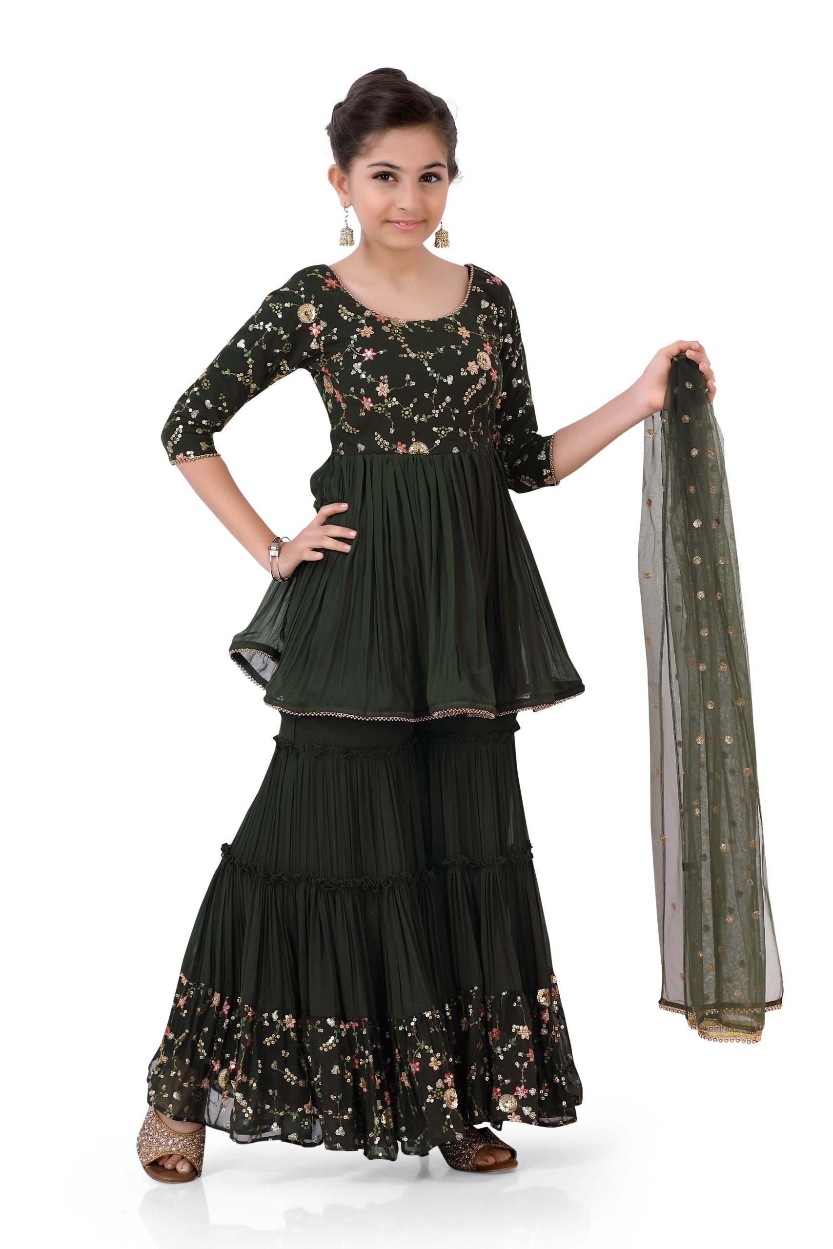 Girl's Sharara Suit in Mehendi Green with embroidery