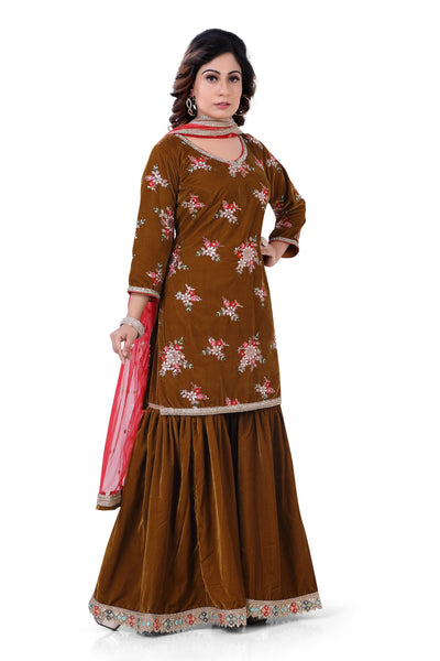 Velvet Gharara Suit in Peach Color main image 0