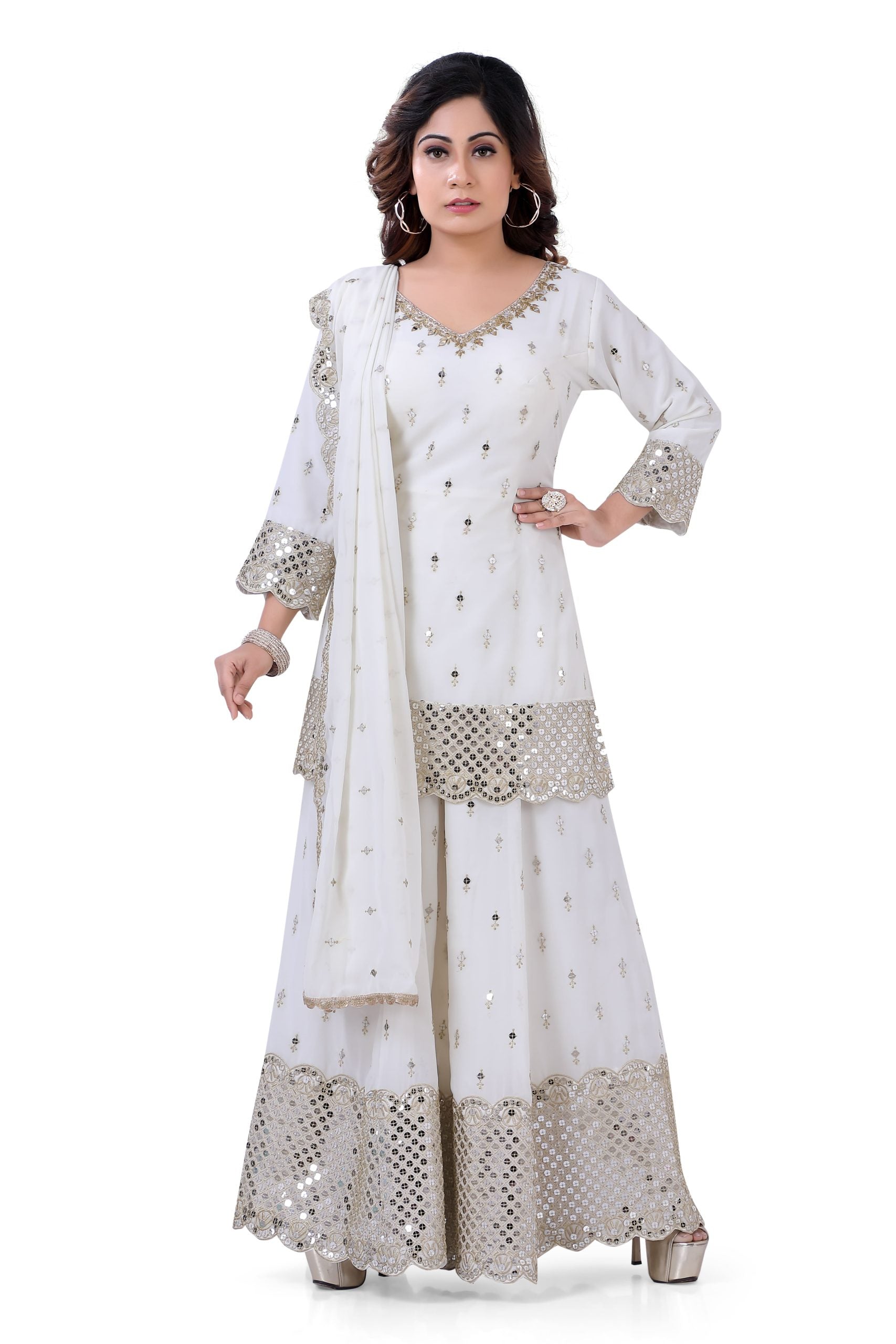 Gerogette Sharara Suit in White Color with Sequins - Premium partywear sharara from Dulhan Exclusives - Just $149! Shop now at Dulhan Exclusives