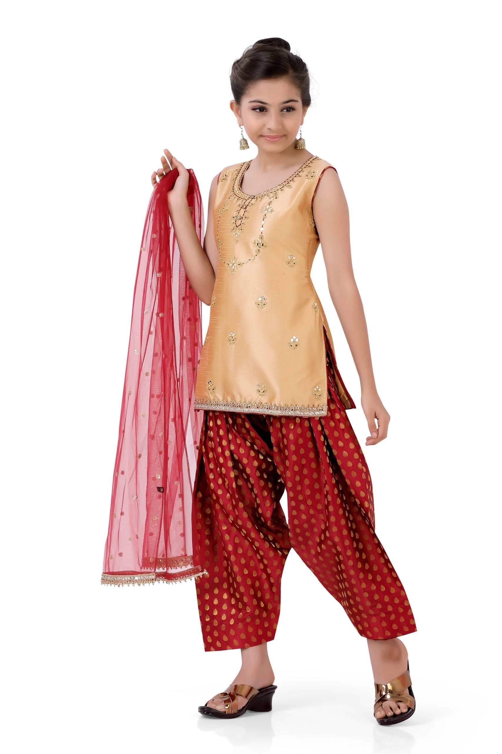 Girl's Patiyala Salwar kameez in Gold - Premium partywear salwar from Dulhan Exclusives - Just $99! Shop now at Dulhan Exclusives