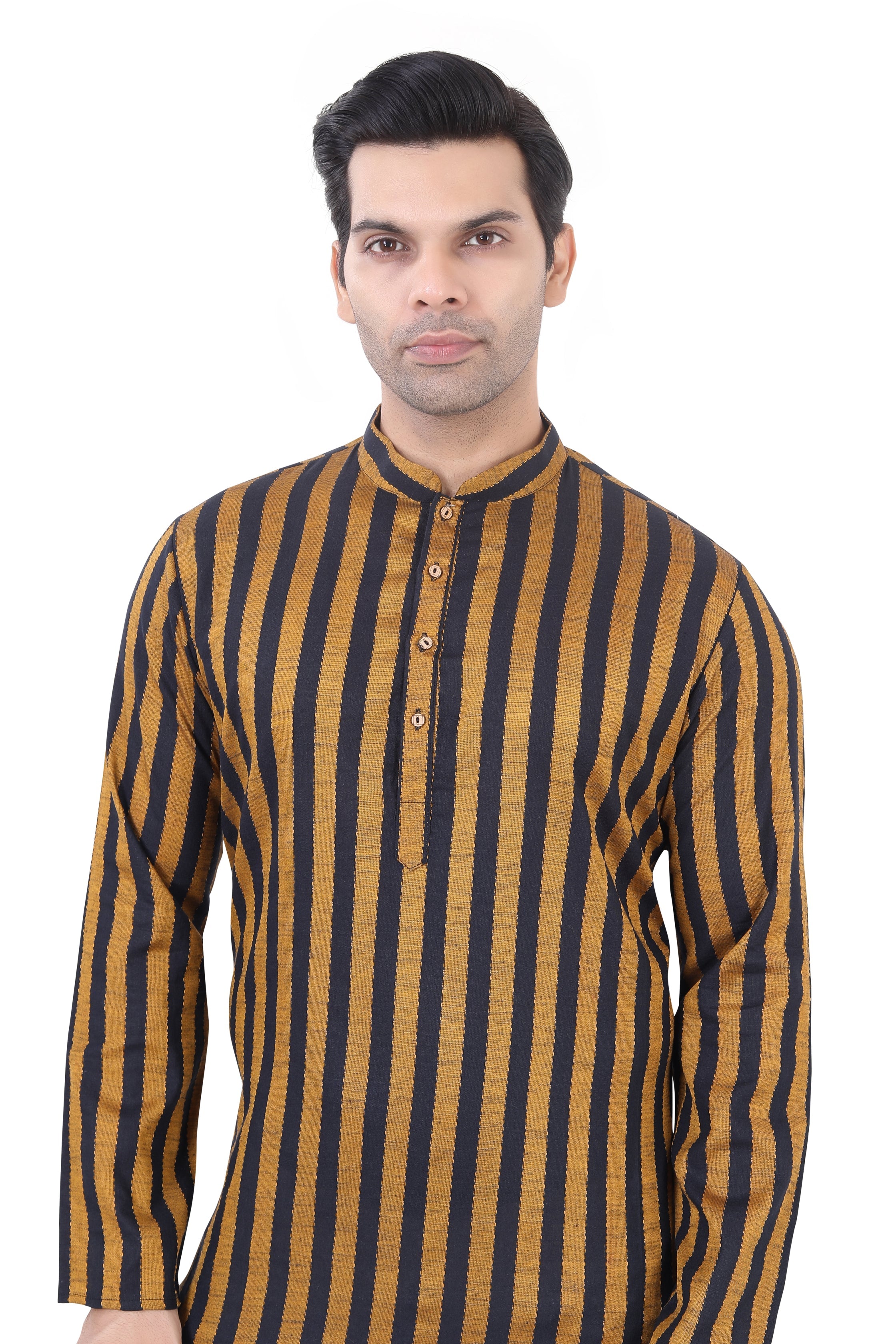 Cotton Short Kurta in Mustard Striped Fabric - Premium short Kurta from Dapper Ethnic - Just $49! Shop now at Dulhan Exclusives