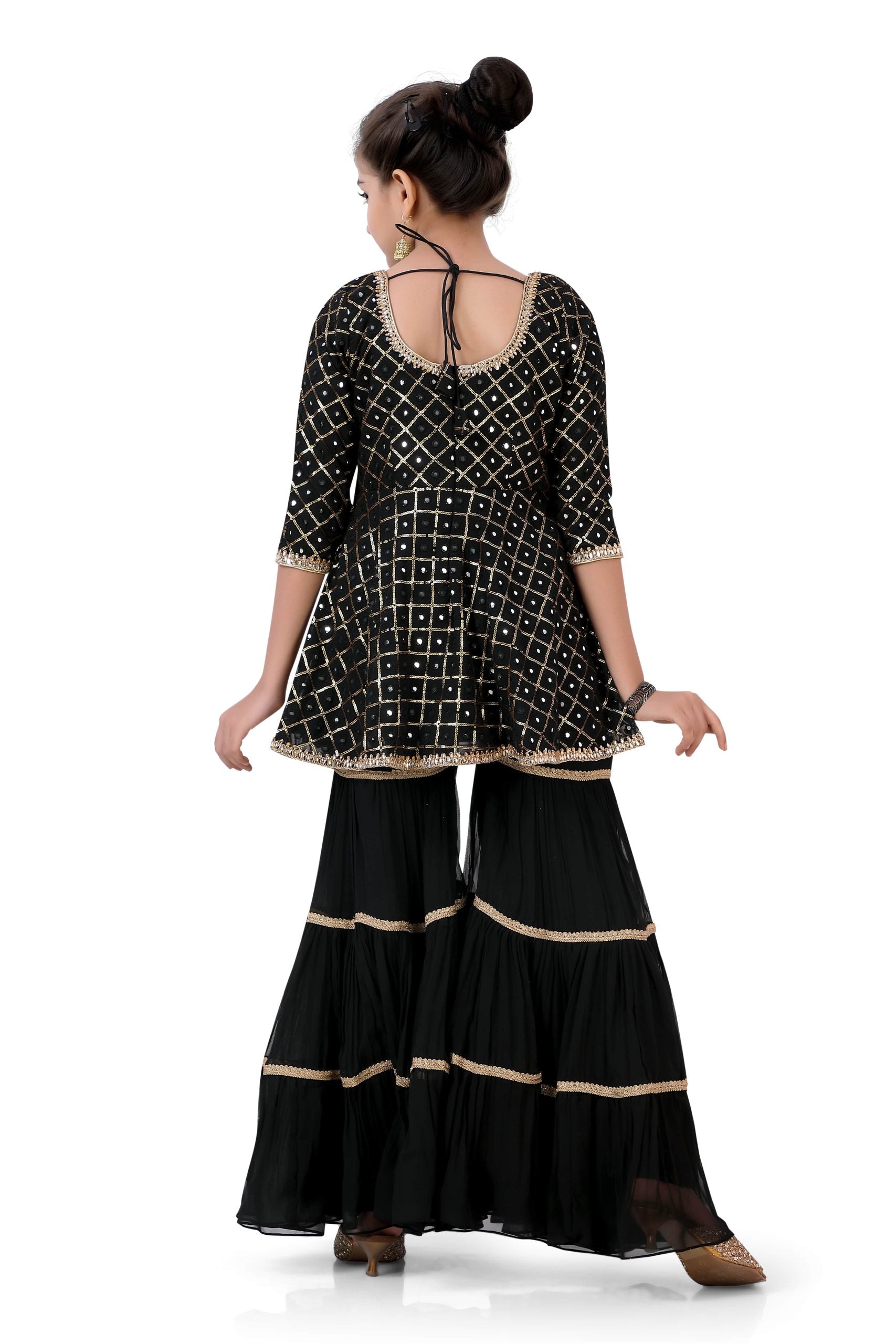 Girl's Short Anarkali with Sharara in Black Color