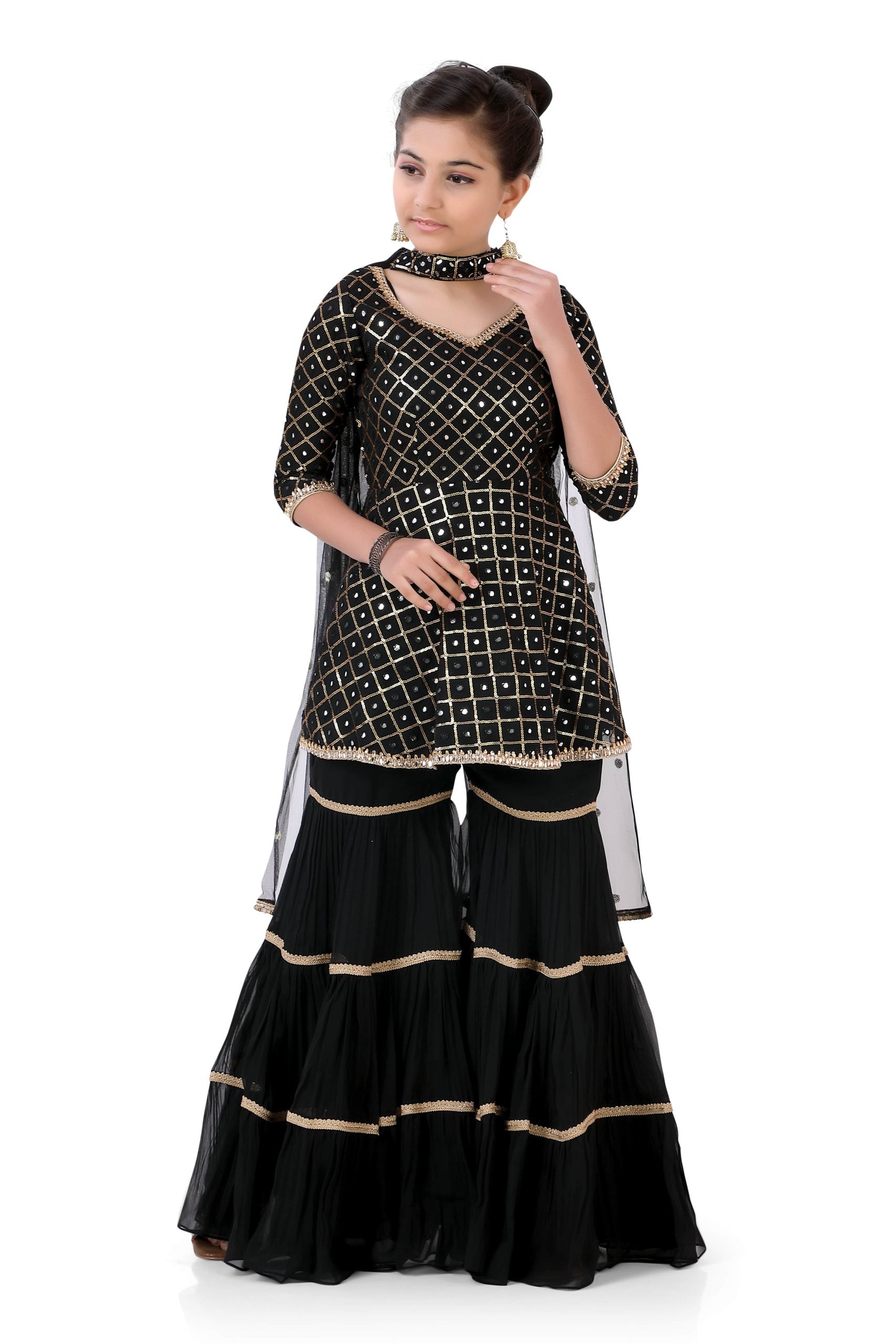 Girl's Short Anarkali with Sharara in Black Color