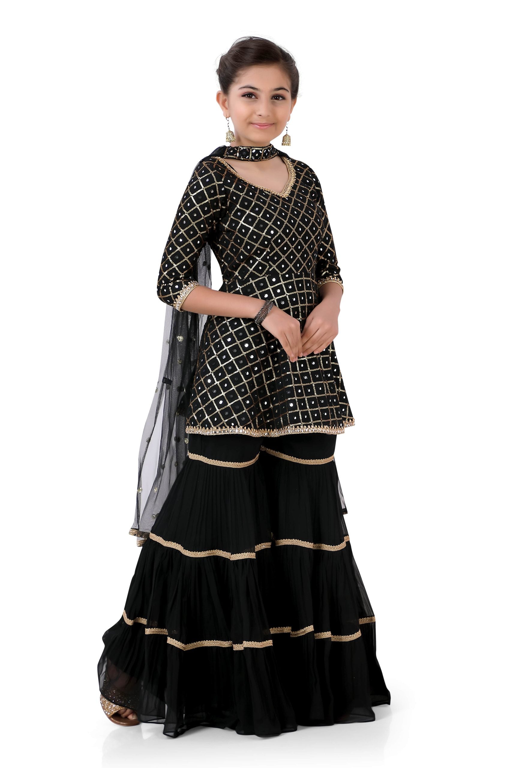 Girl's Short Anarkali with Sharara in Black Color