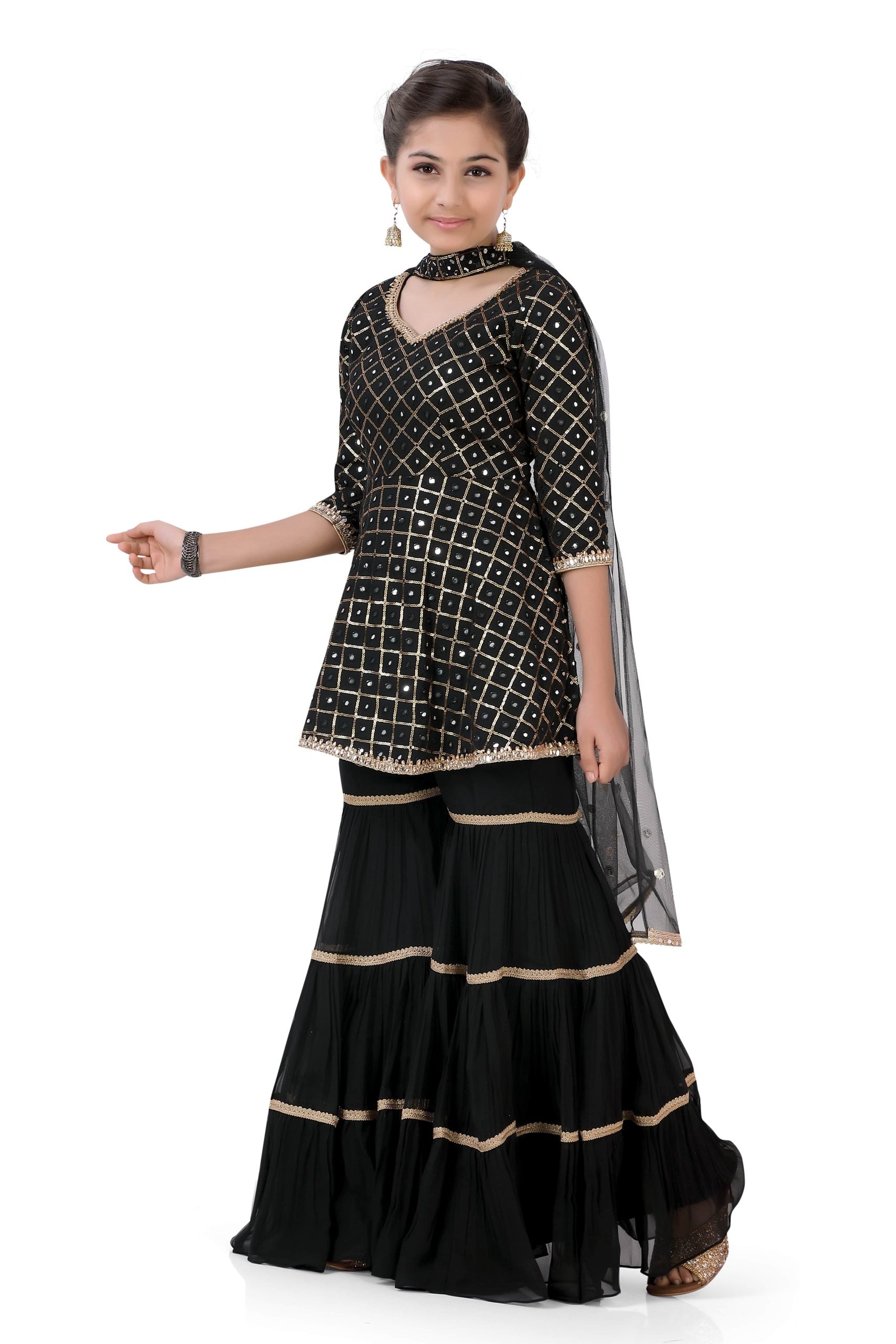 Girl's Short Anarkali with Sharara in Black Color