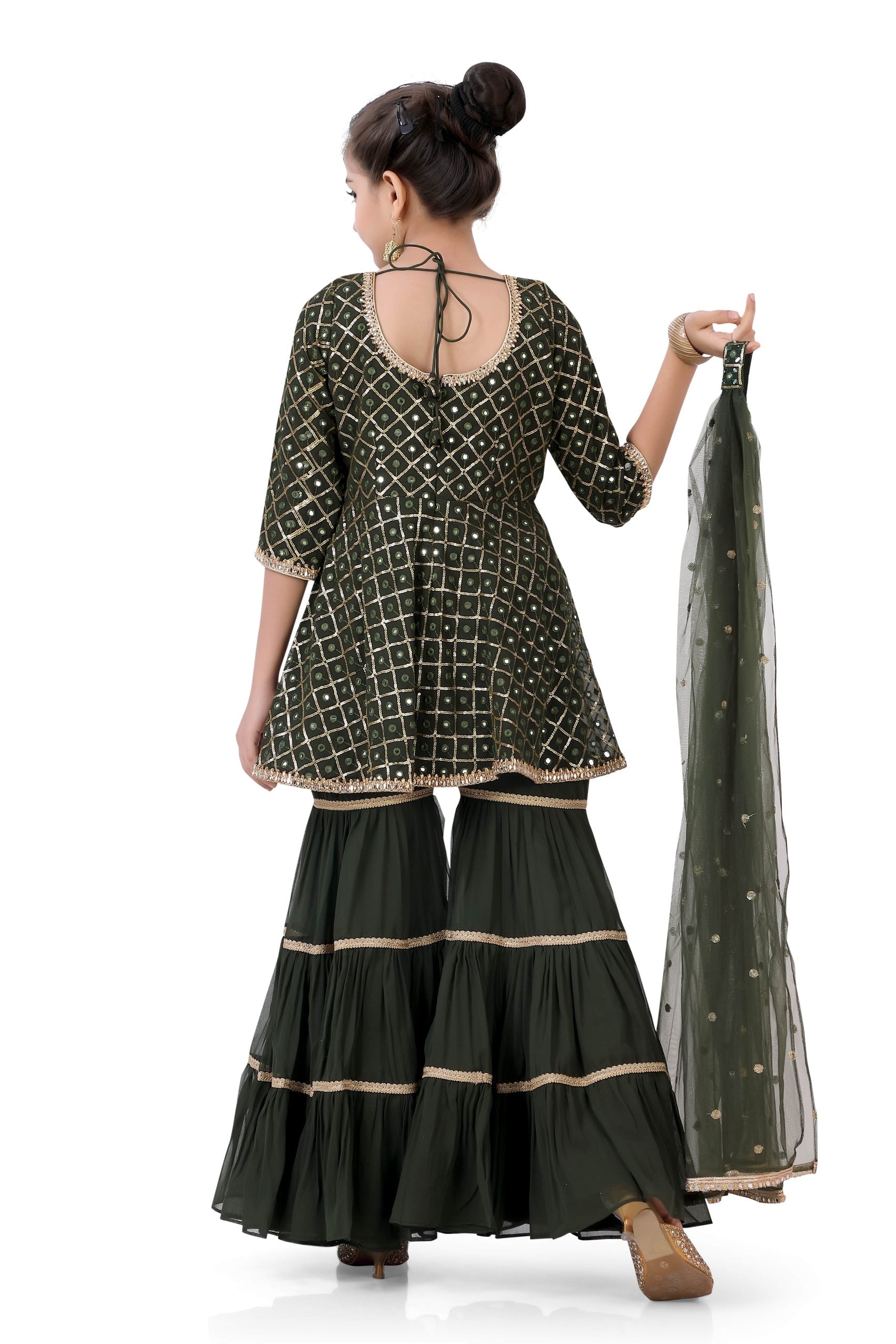 Girl's Short Anarkali with Sharara in Mehendi Green