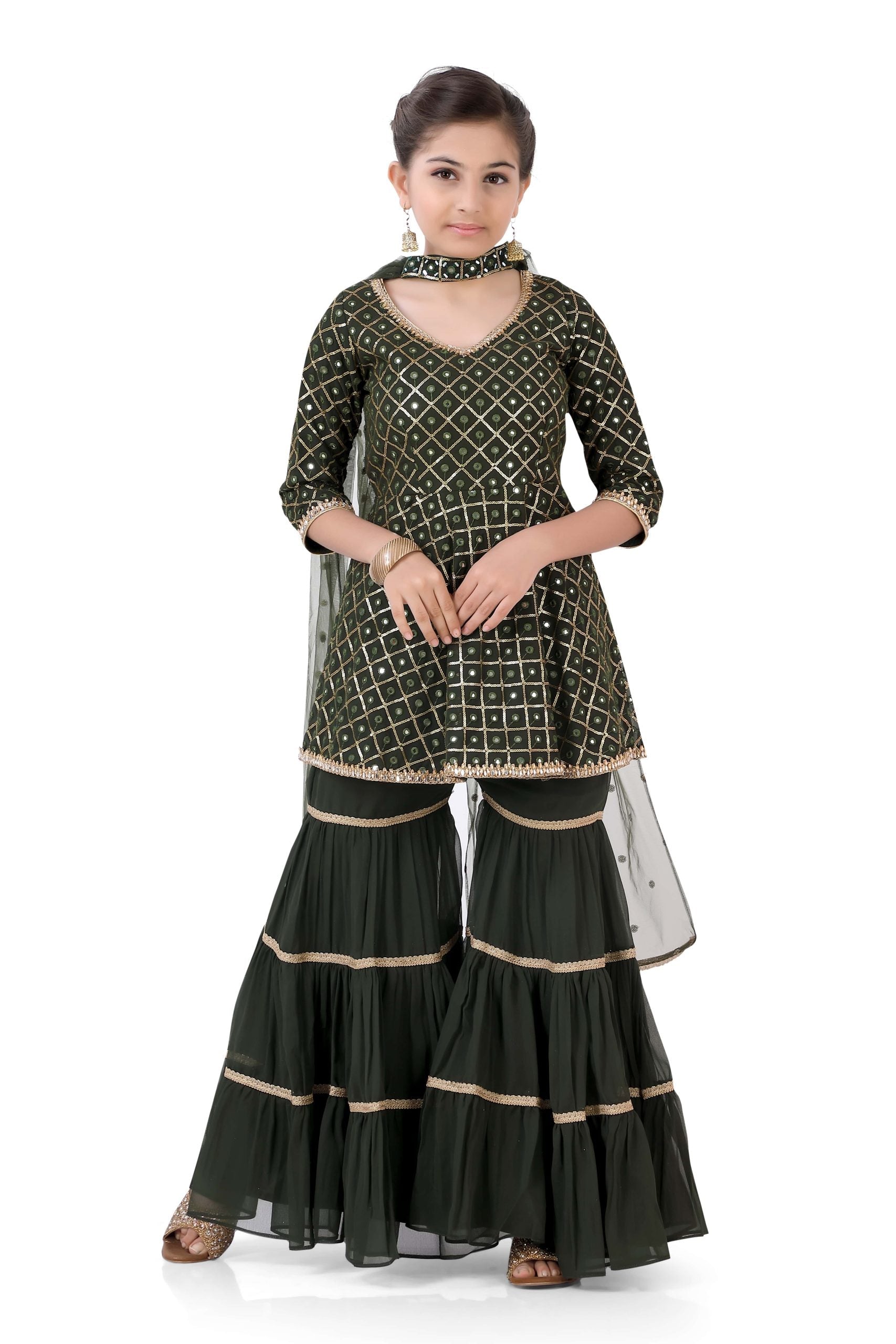 Girl's Short Anarkali with Sharara in Mehendi Green