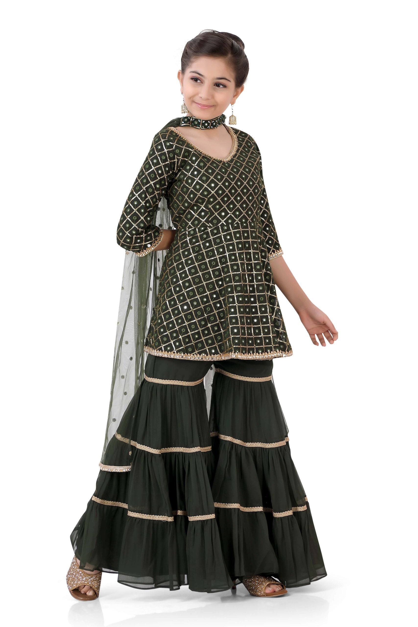 Girl's Short Anarkali with Sharara in Mehendi Green