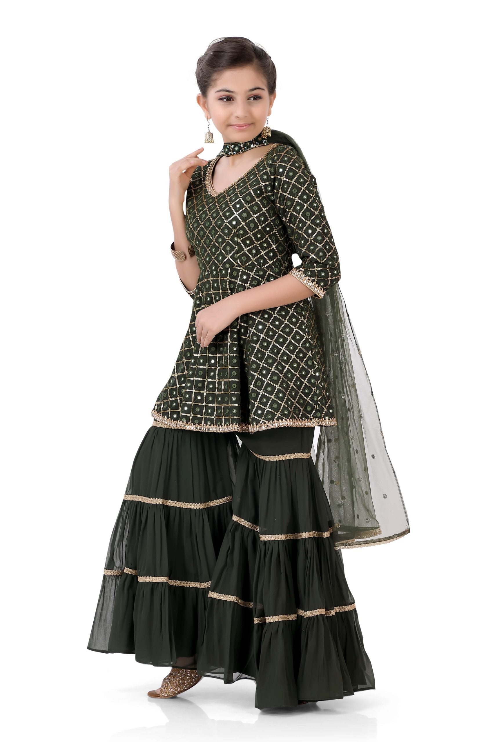 Girl's Short Anarkali with Sharara in Mehendi Green