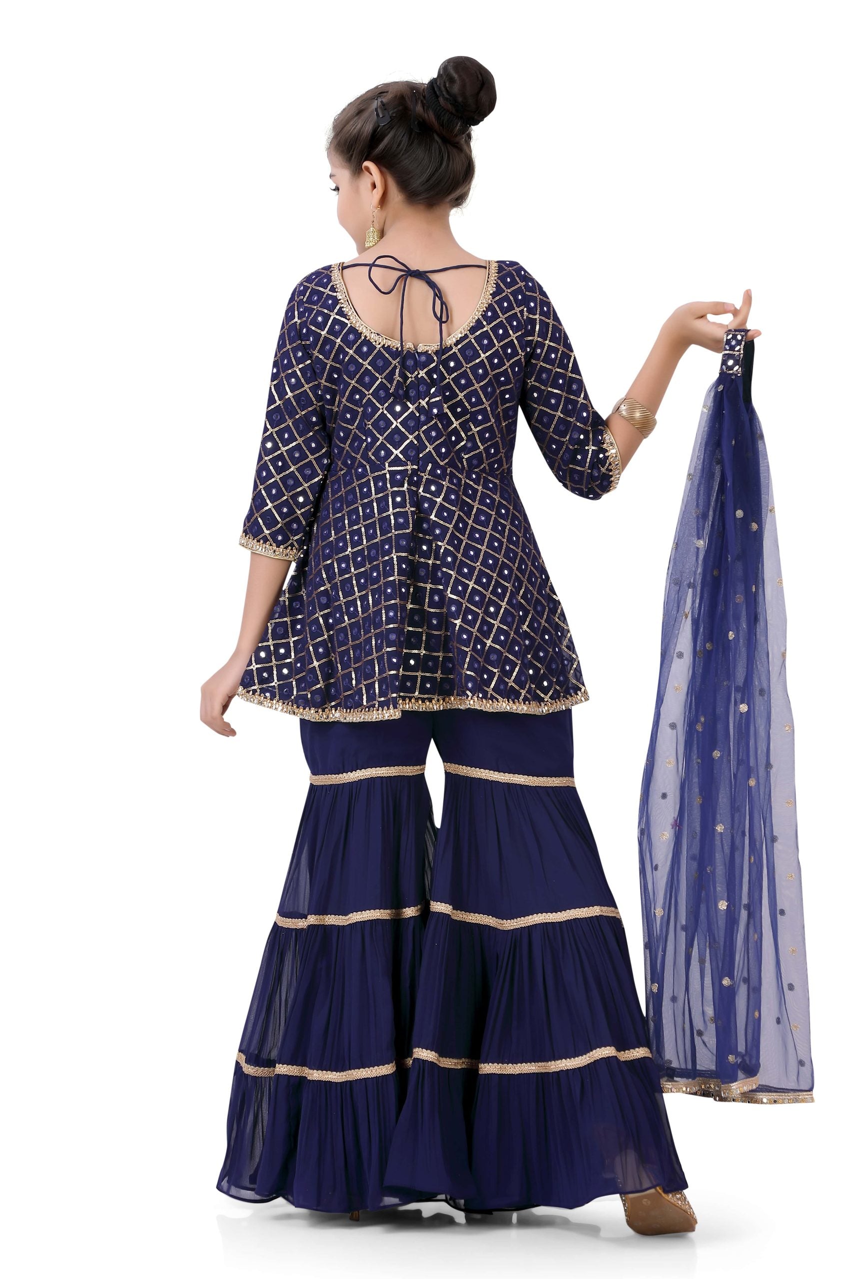 Girl's Short Anarkali with Sharara in Navy Blue Color