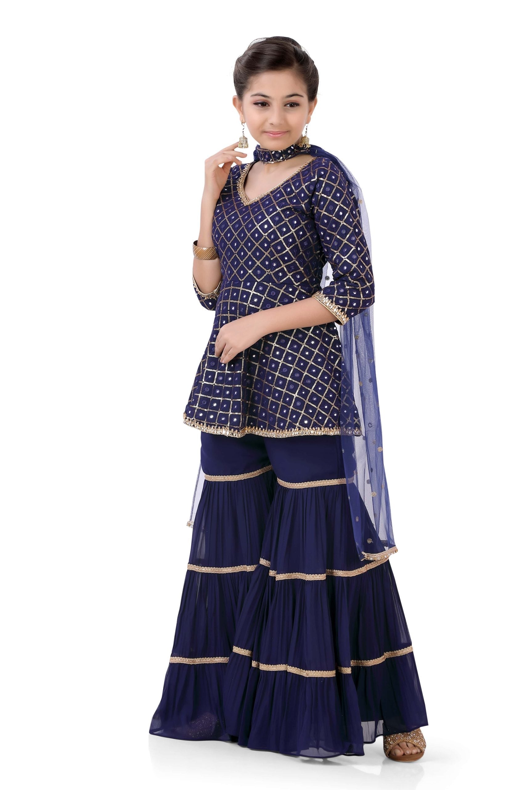 Girl's Short Anarkali with Sharara in Navy Blue Color