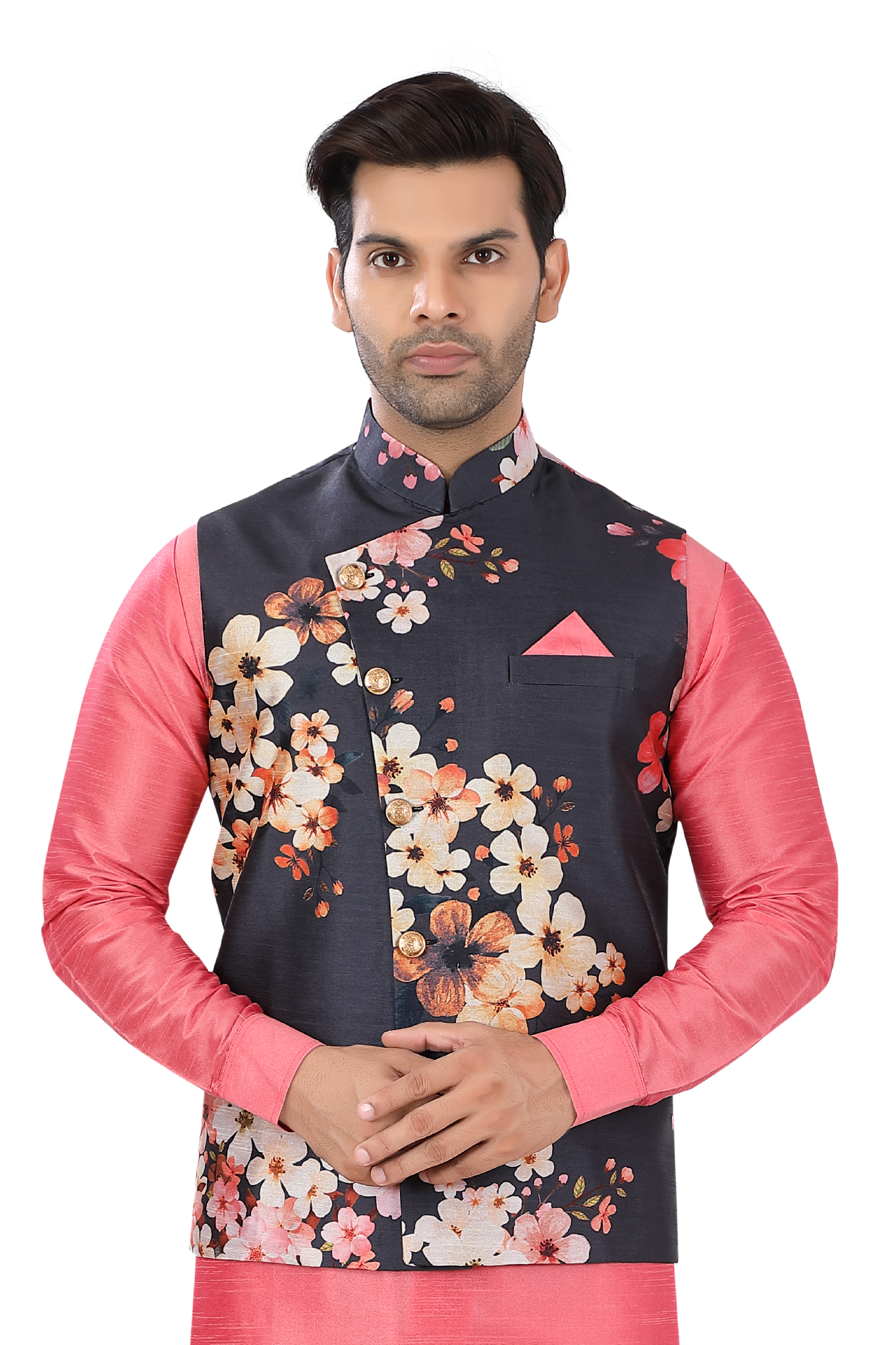 Floral Navy Blue Vest coat with Dupion Silk Kurta Pajama D No. SU-134 - Premium 3 pieces Vest coat suit from Dapper Ethnic - Just $99! Shop now at Dulhan Exclusives