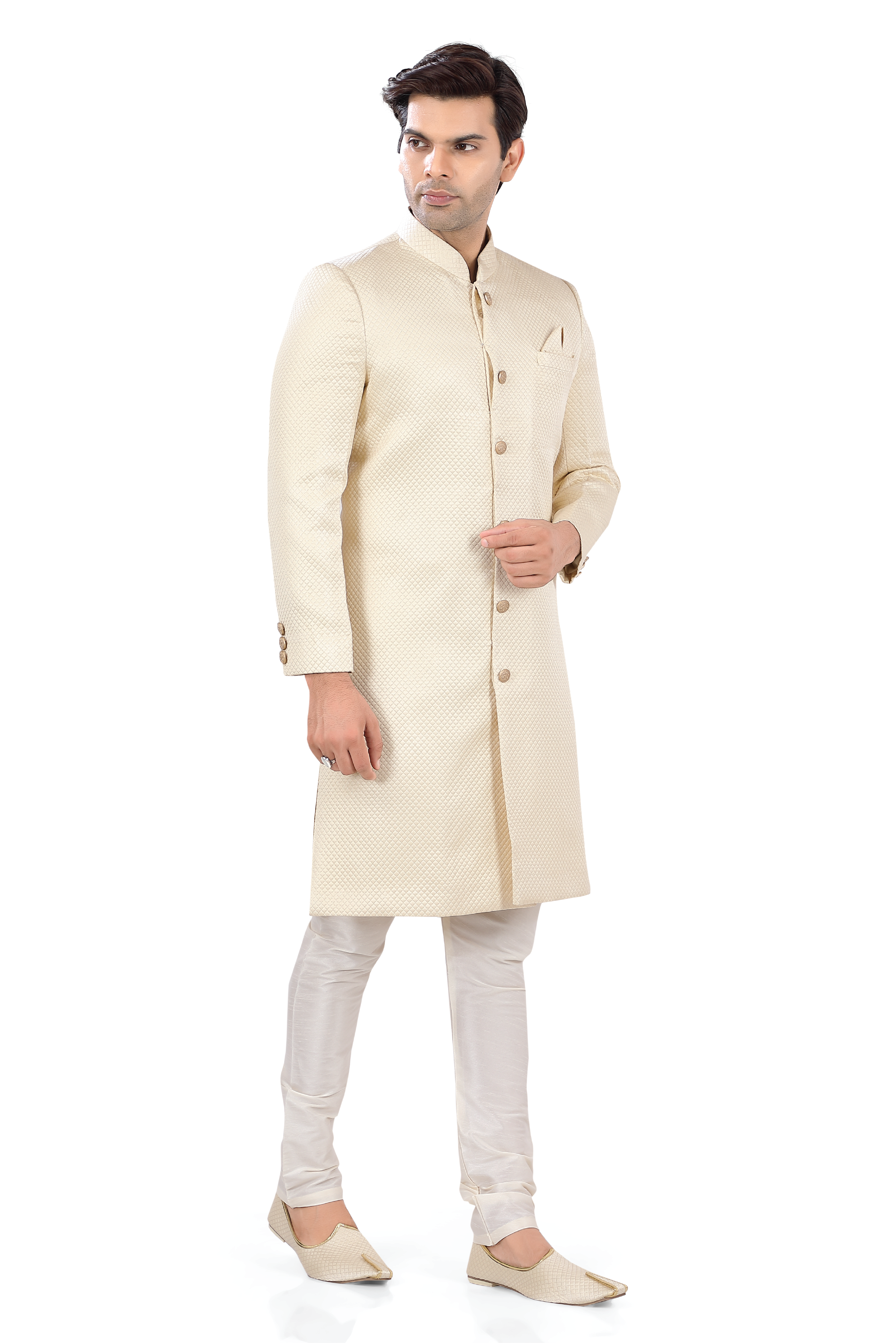 Designer Quilted Tab Sherwani in Cream Color - Premium Sherwani from Dapper Ethnic - Just $485! Shop now at Dulhan Exclusives