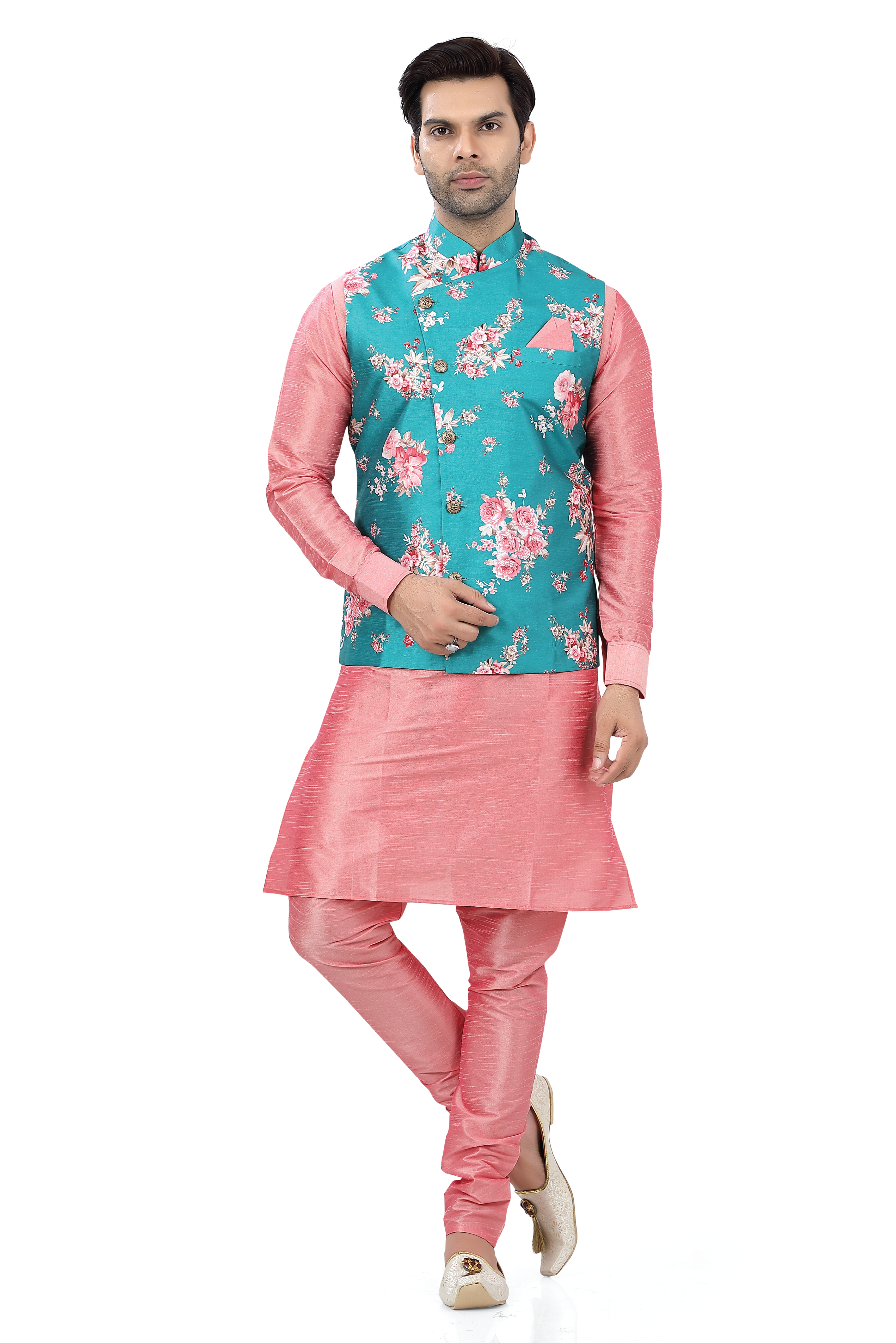 Floral Light Green Vest coat with Dupion Silk Kurta Pajama D NO SU-133 - Premium 3 pieces Vest coat suit from Dapper Ethnic - Just $99! Shop now at Dulhan Exclusives
