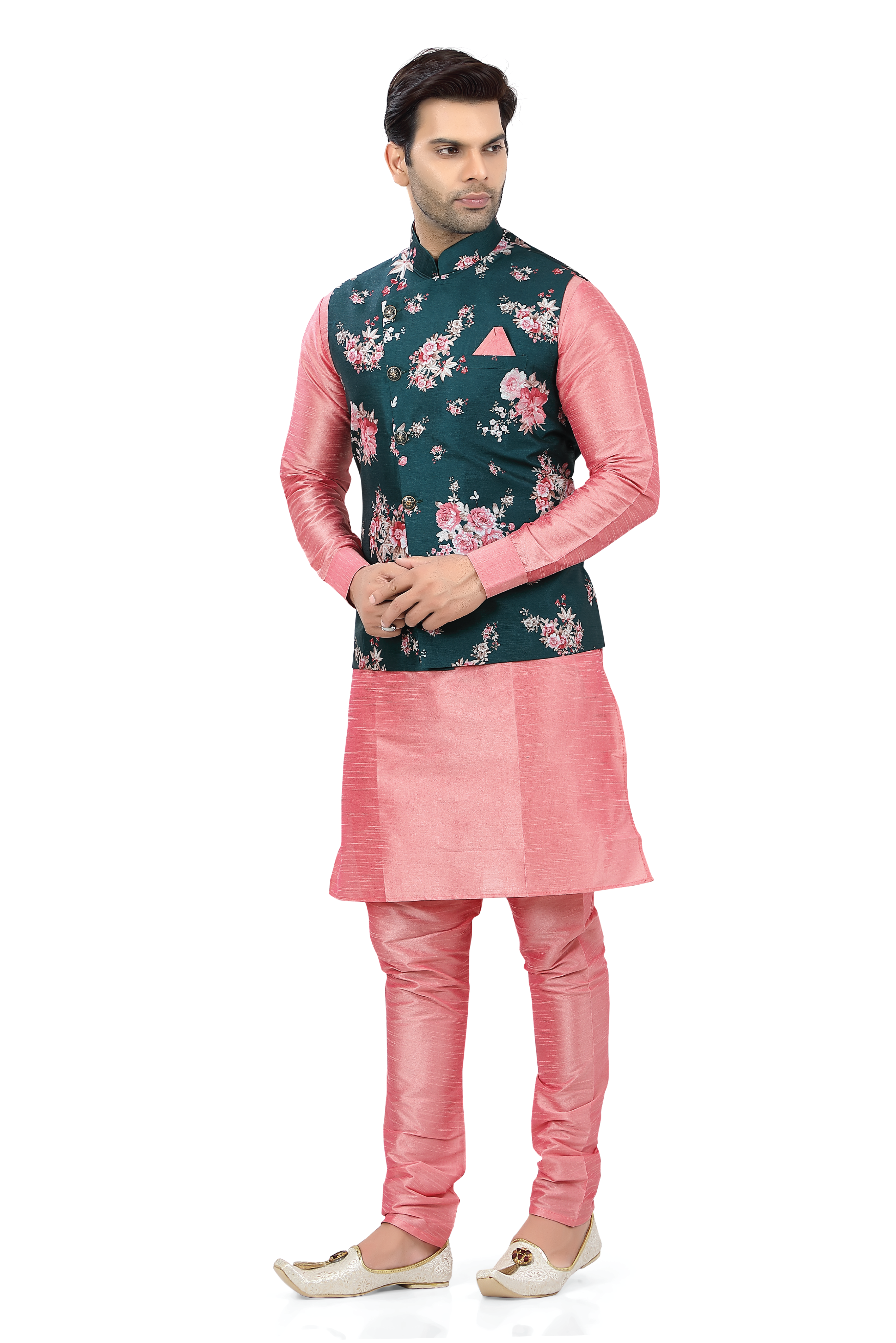 Floral Bottle Green Vest coat with Dupion Silk Kurta Pajama D NO SU-132 - Premium 3 pieces Vest coat suit from Dapper Ethnic - Just $99! Shop now at Dulhan Exclusives