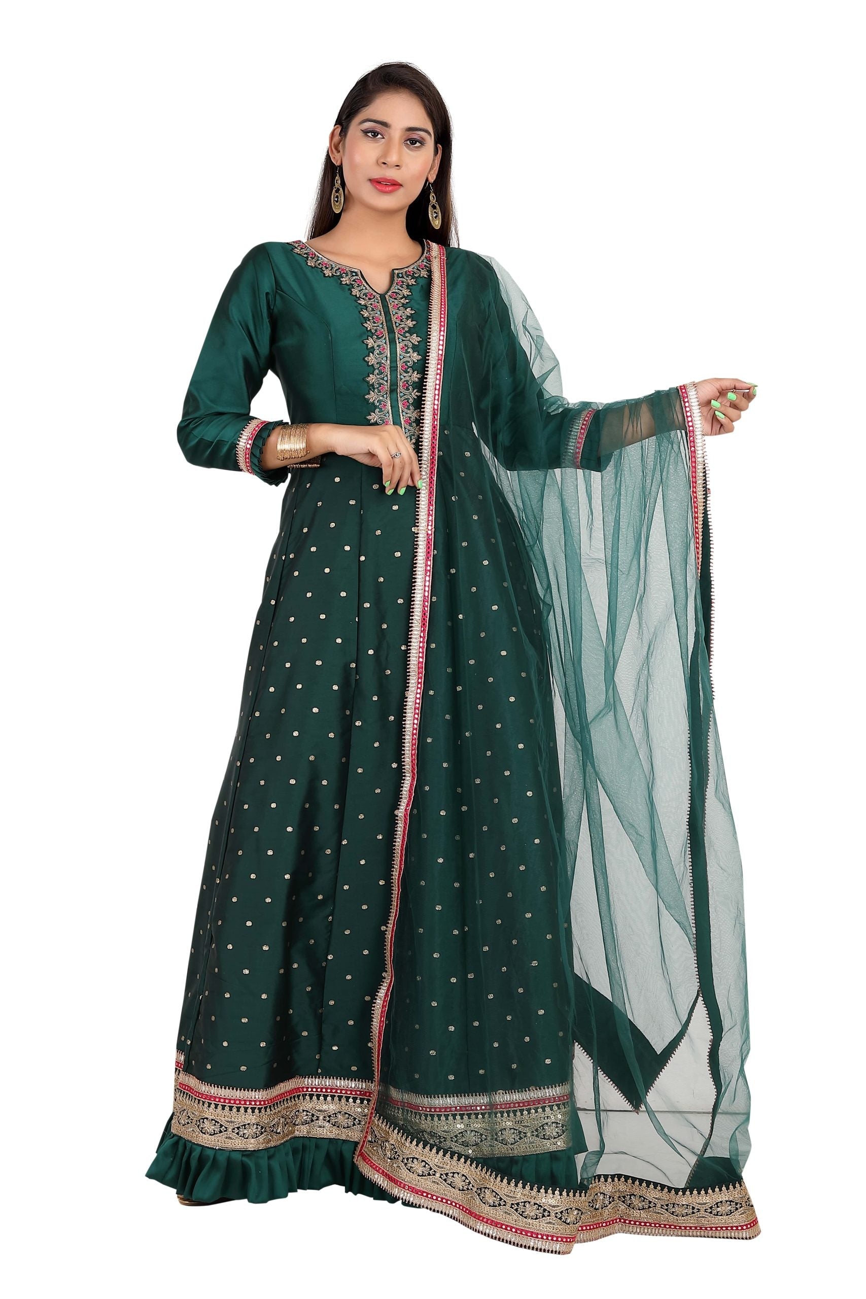 Aanarkali dress in Dark green - Premium Partywear Gown from Dulhan Exclusives - Just $99! Shop now at Dulhan Exclusives