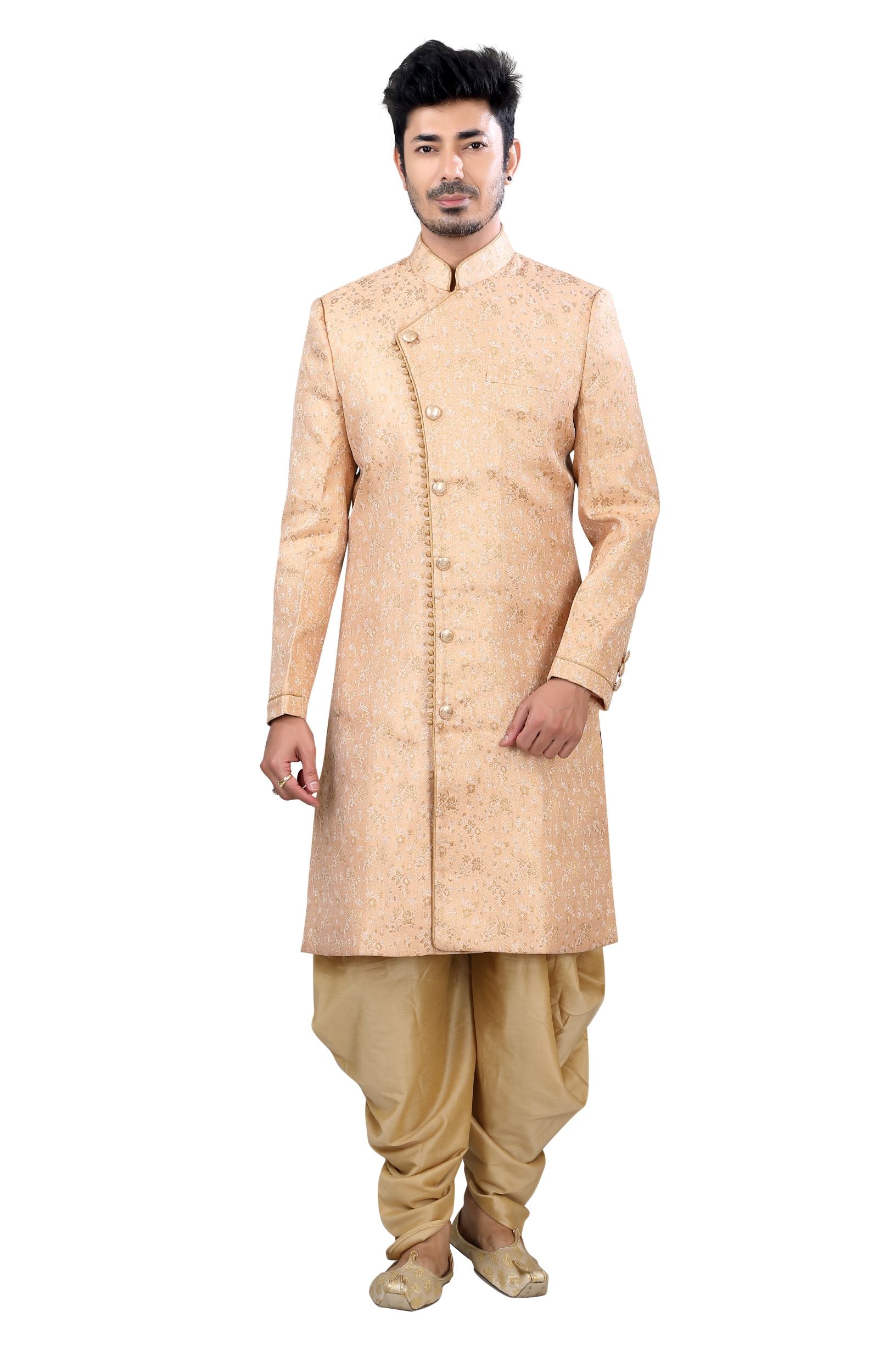 Jamevaram Sherwani in Peach color D No. SK-01-Peach-S - Premium Sherwani from Dapper Ethnic - Just $385! Shop now at Dulhan Exclusives