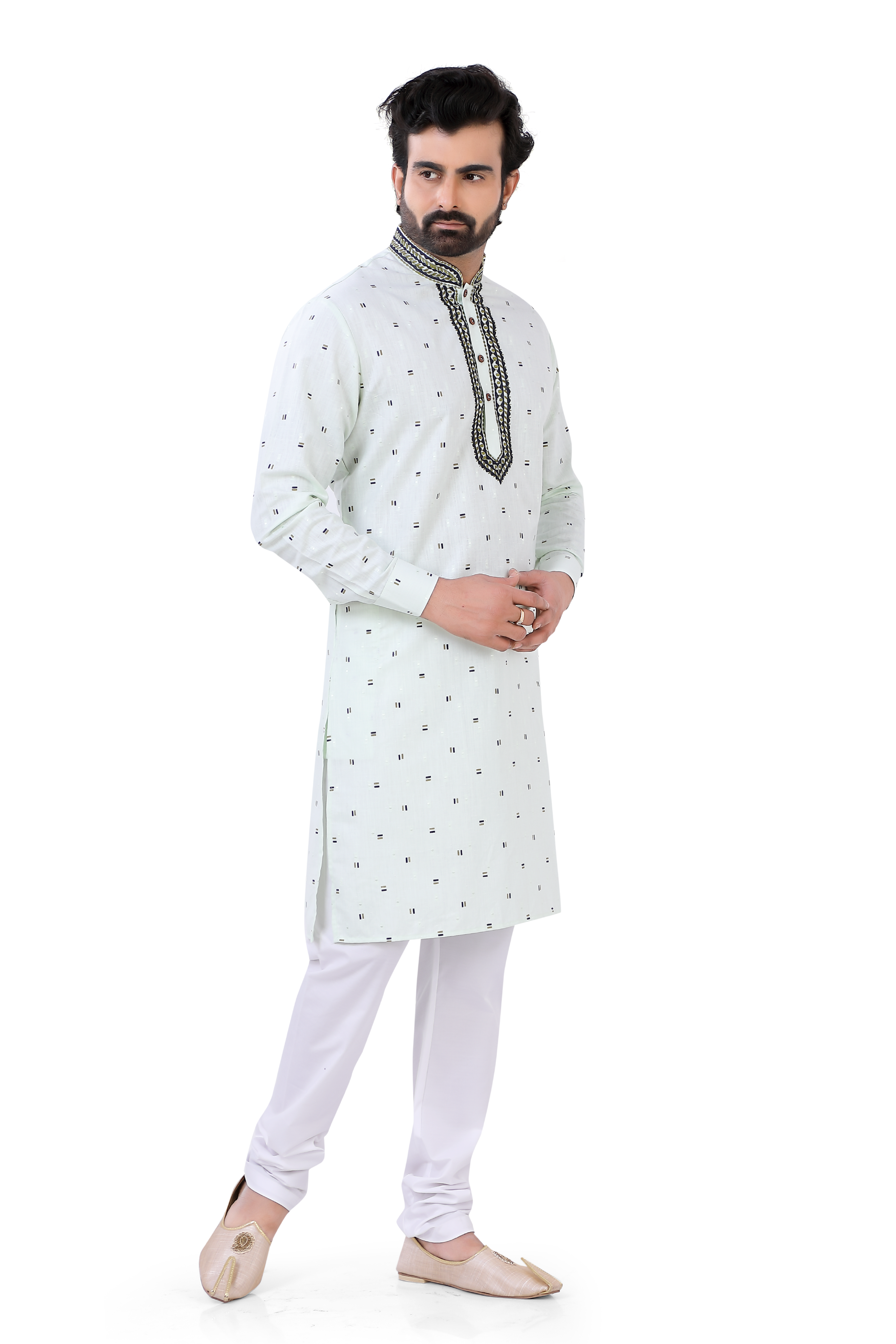 Cotton Printed Kurta and Pajama with embroidery in light green - Premium kurta pajama from Dapper Ethnic - Just $79! Shop now at Dulhan Exclusives