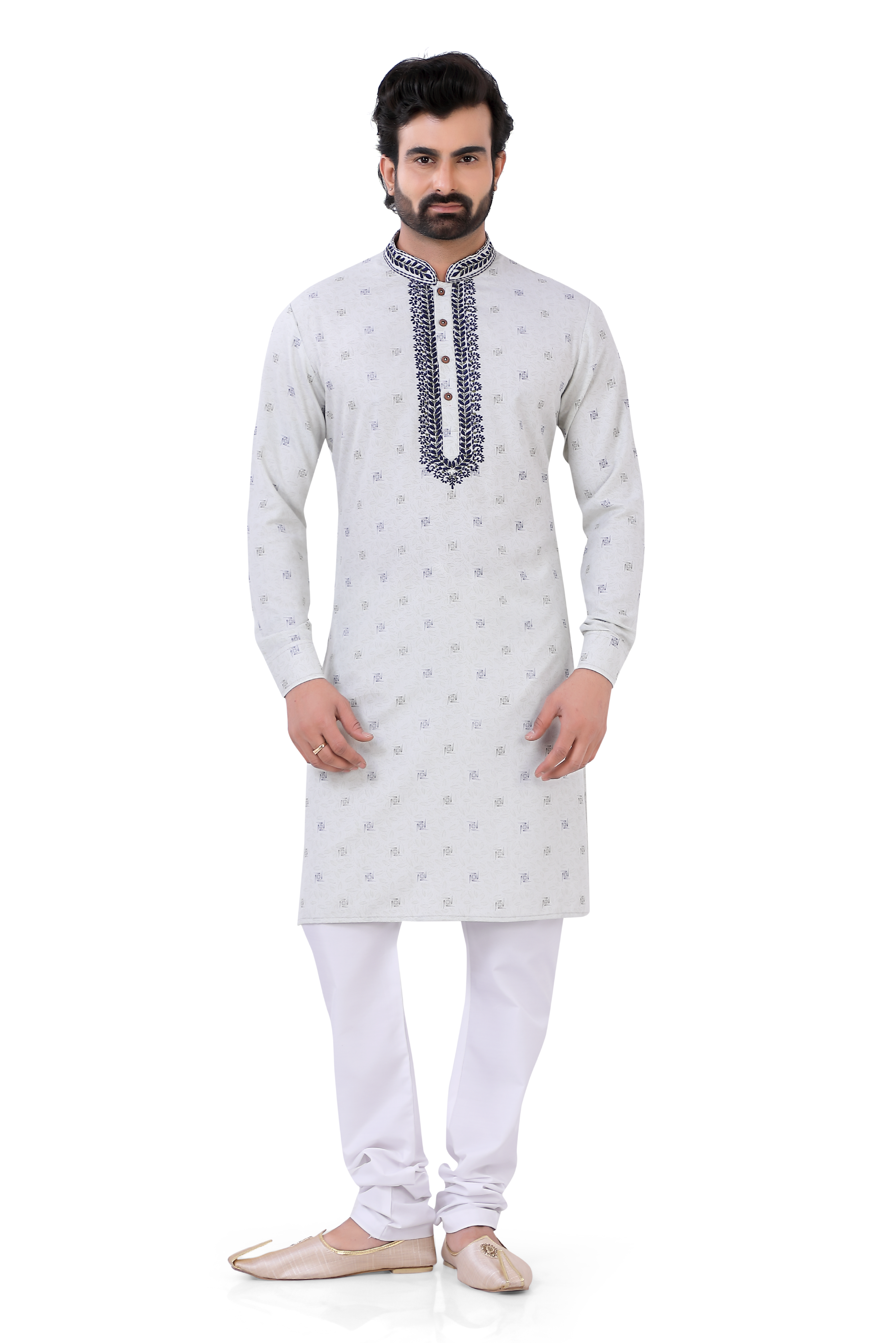 Cotton Printed Kurta and Pajama with embroidery in white - Premium kurta pajama from Dapper Ethnic - Just $89! Shop now at Dulhan Exclusives