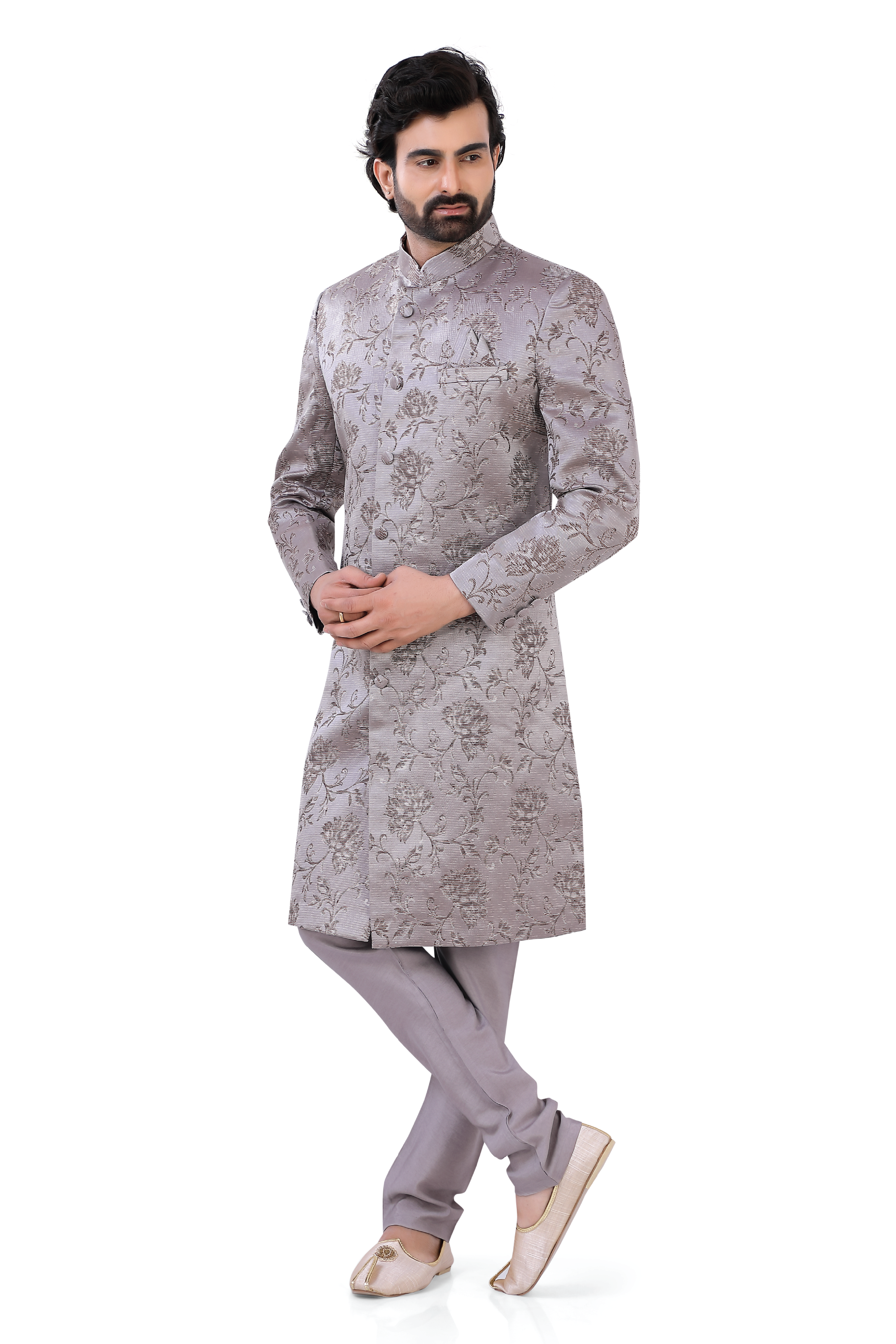 Grey Heavy Banarasi Brocade Sherwani DE-103 - Premium Sherwani from Dapper Ethnic - Just $385! Shop now at Dulhan Exclusives