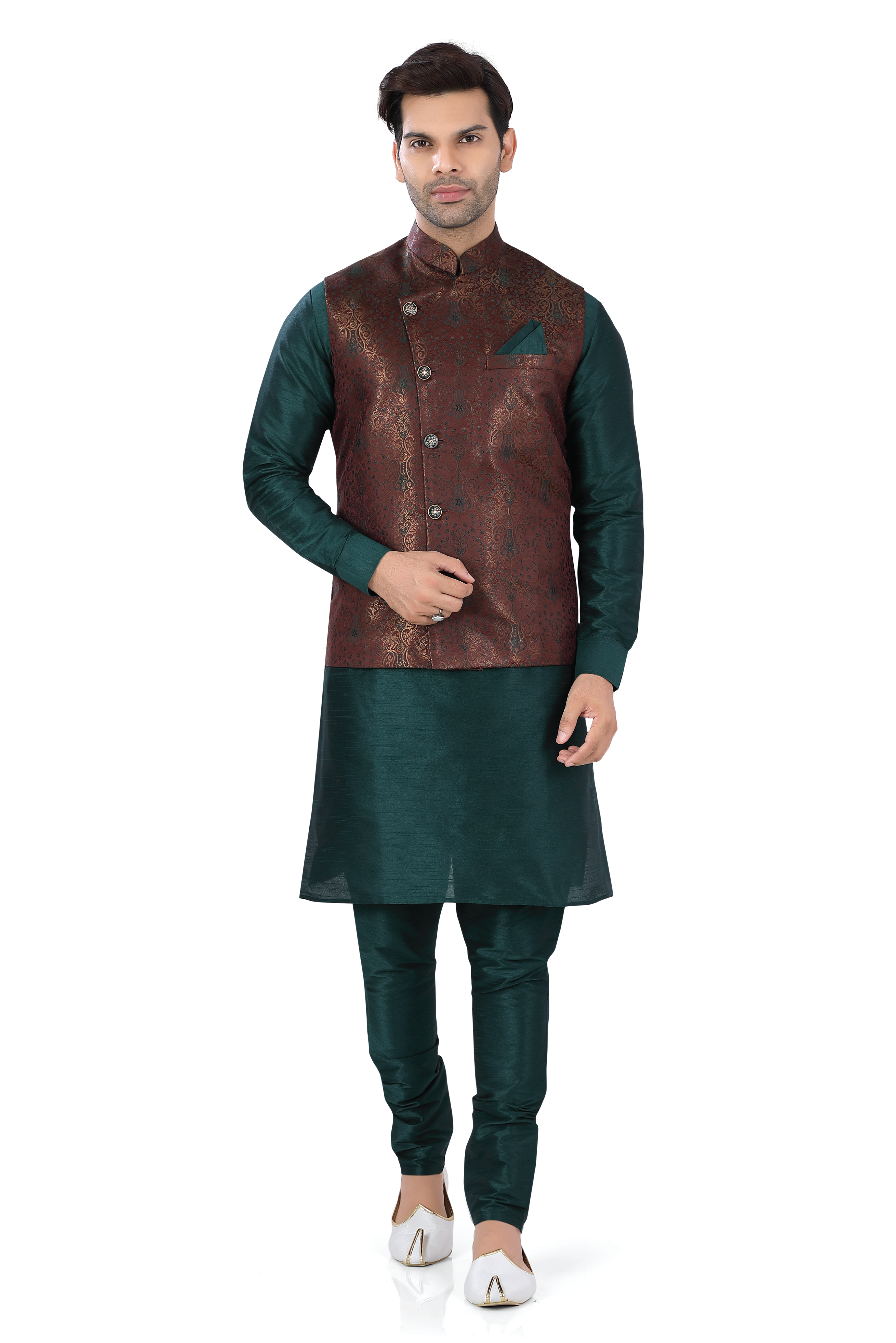 Banaras Kinkhab Maroon Vest Coat with Bottle Green Kurta Pajama D no SK-107 - Premium 3 pieces Vest coat suit from Dapper Ethnic - Just $129! Shop now at Dulhan Exclusives