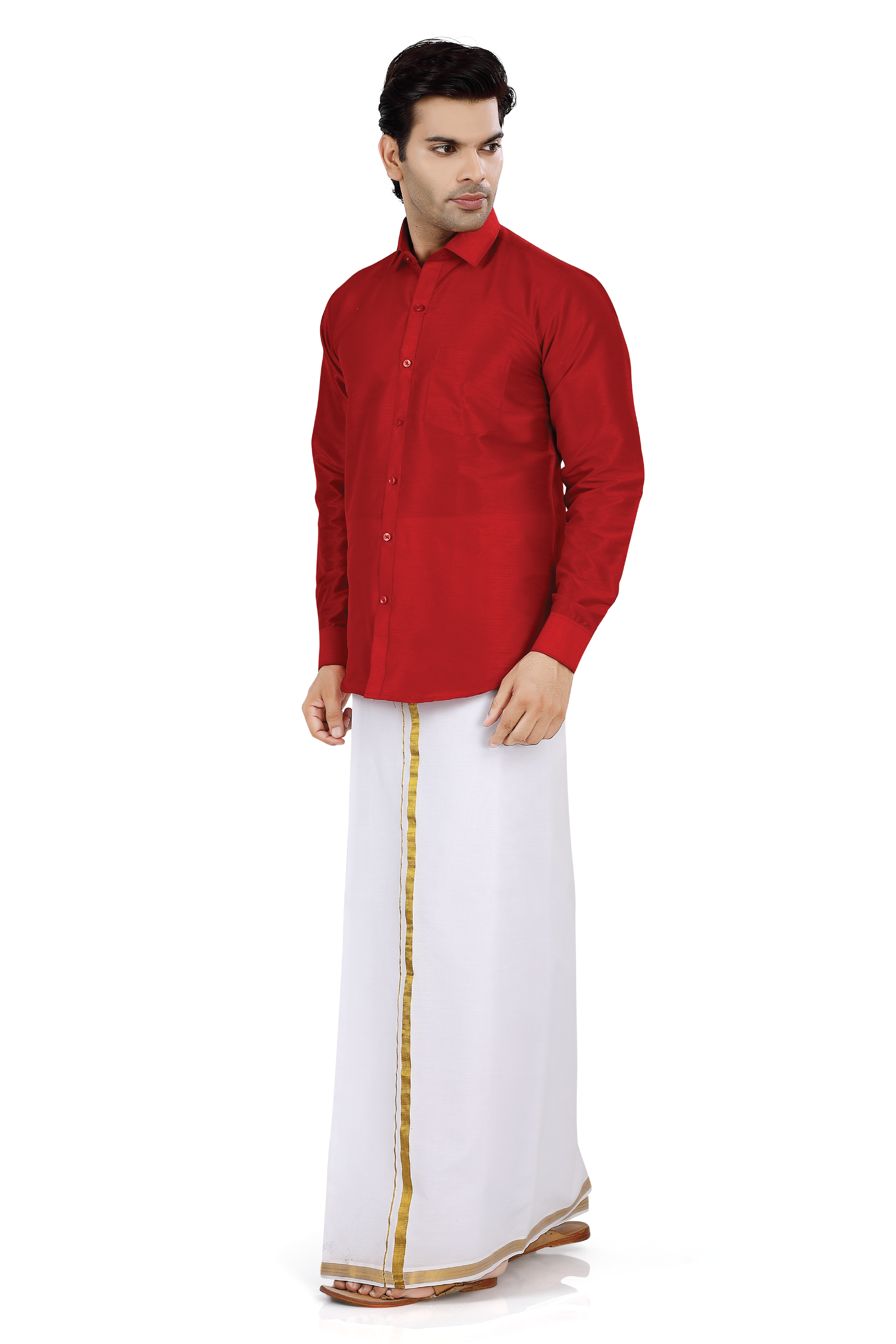 Dupion Silk Shirt in Red Full sleeves with Cotton Dhoti - Premium Dhoti Kurta from Dapper Ethnic - Just $95! Shop now at Dulhan Exclusives