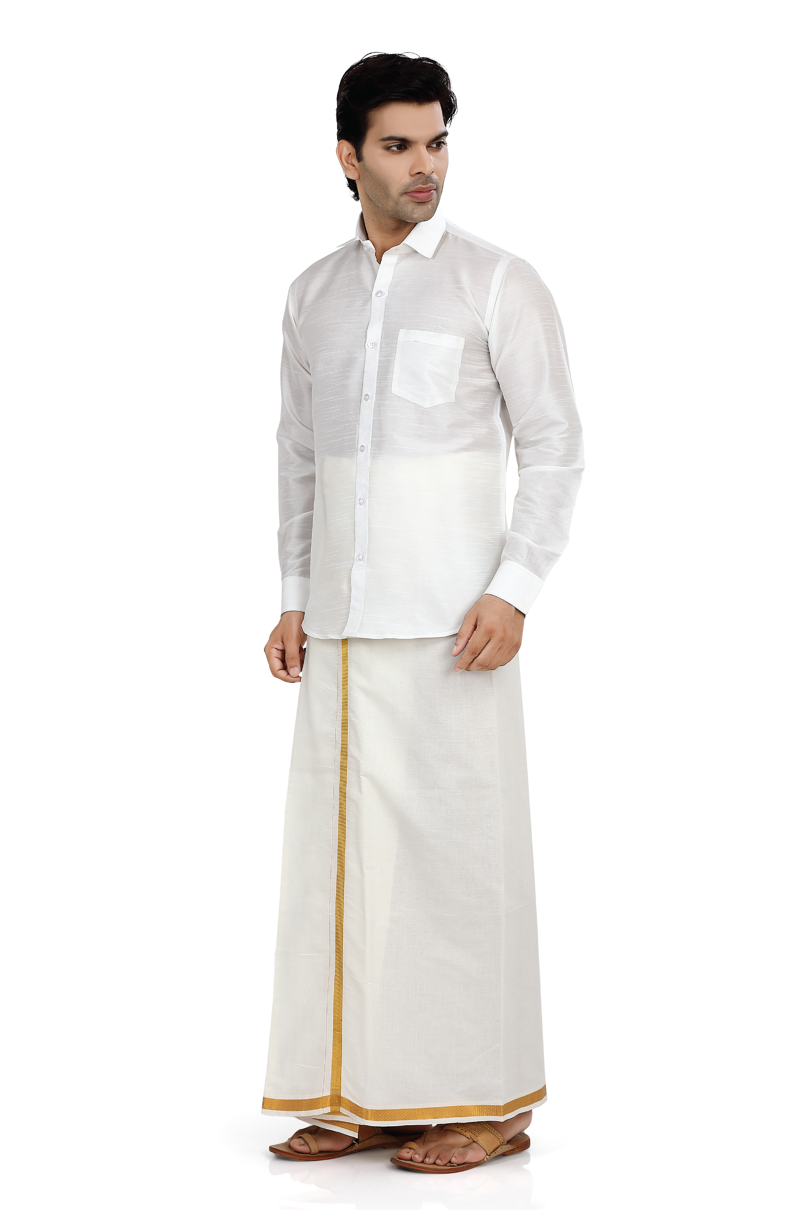 Dupion Silk Shirt in White Full sleeves with Cotton Dhoti - Premium Dhoti Kurta from Dapper Ethnic - Just $95! Shop now at Dulhan Exclusives