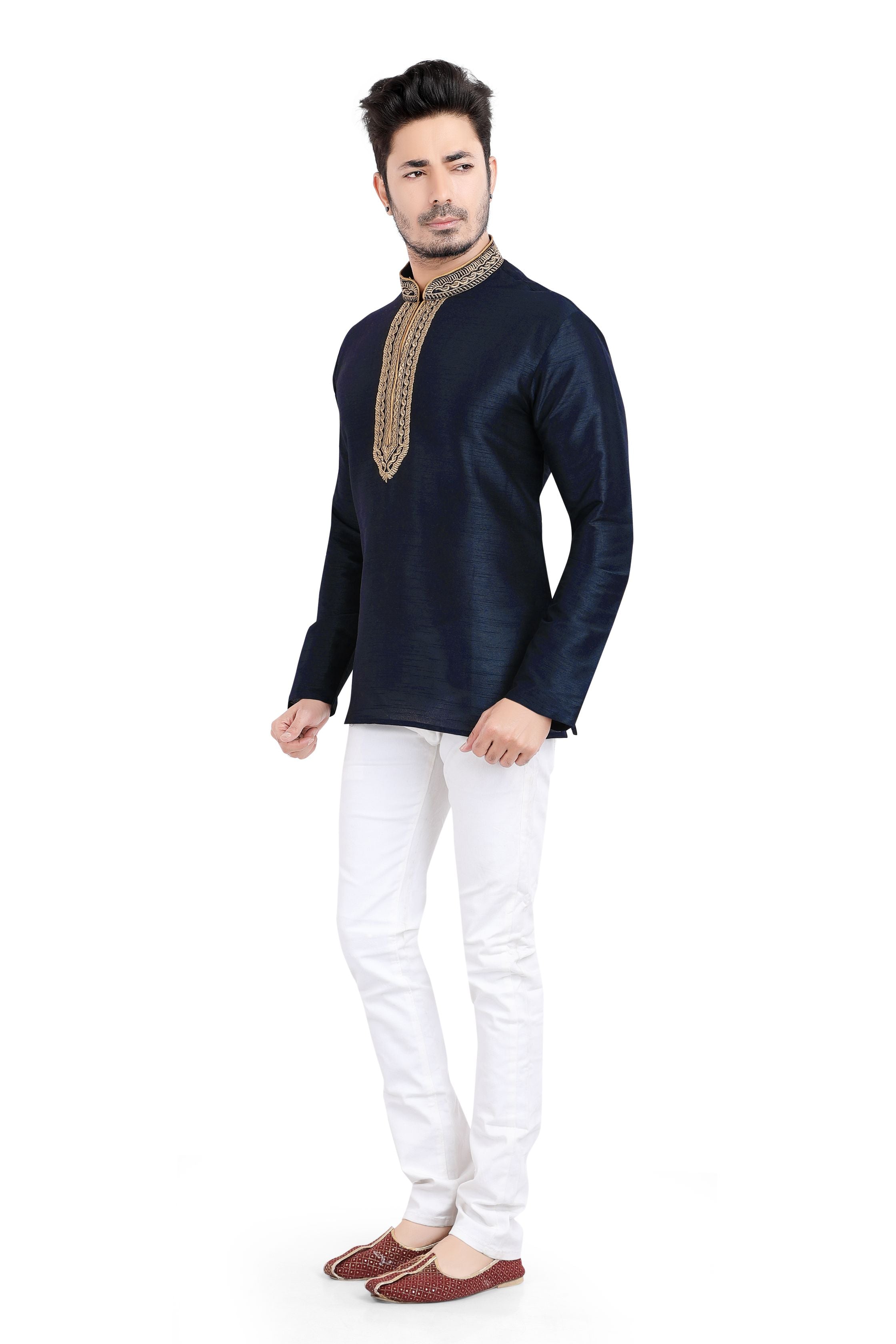 Banarasi Dupion Silk Short Kurta with embroidery in Navy Blue color - Premium kurta pajama from Dapper Ethnic - Just $49! Shop now at Dulhan Exclusives